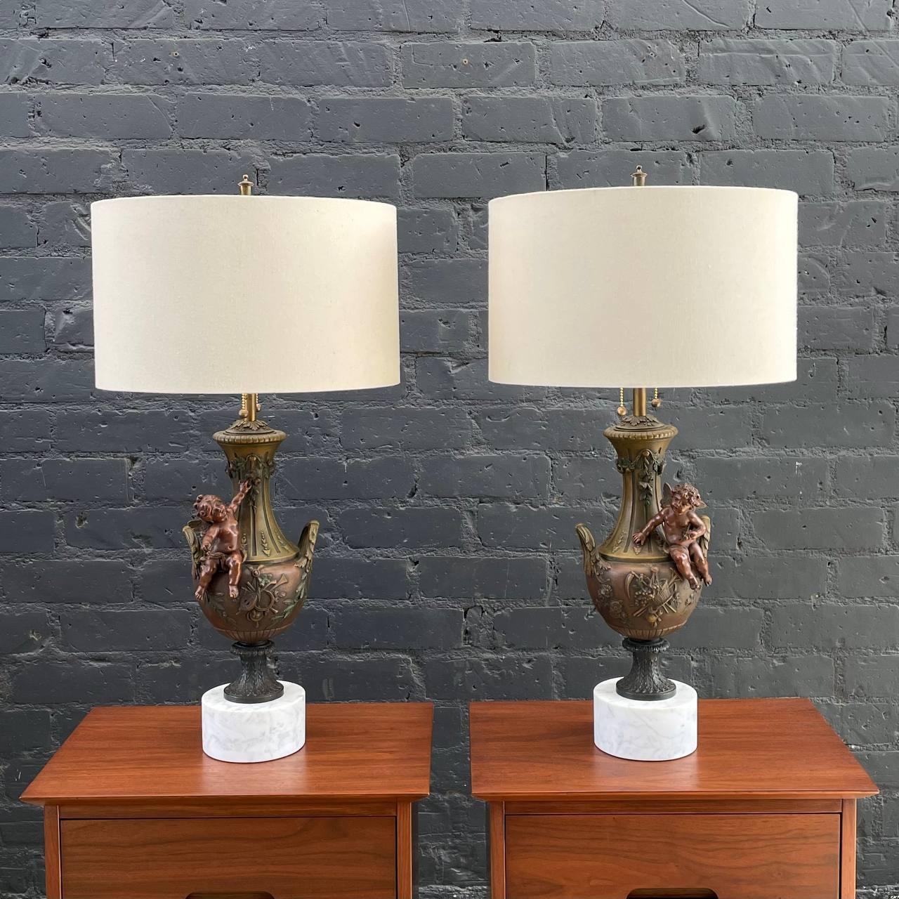 Louis XVI Pair of Antique French Classical Urn Style Table Lamps with Cherubs  For Sale