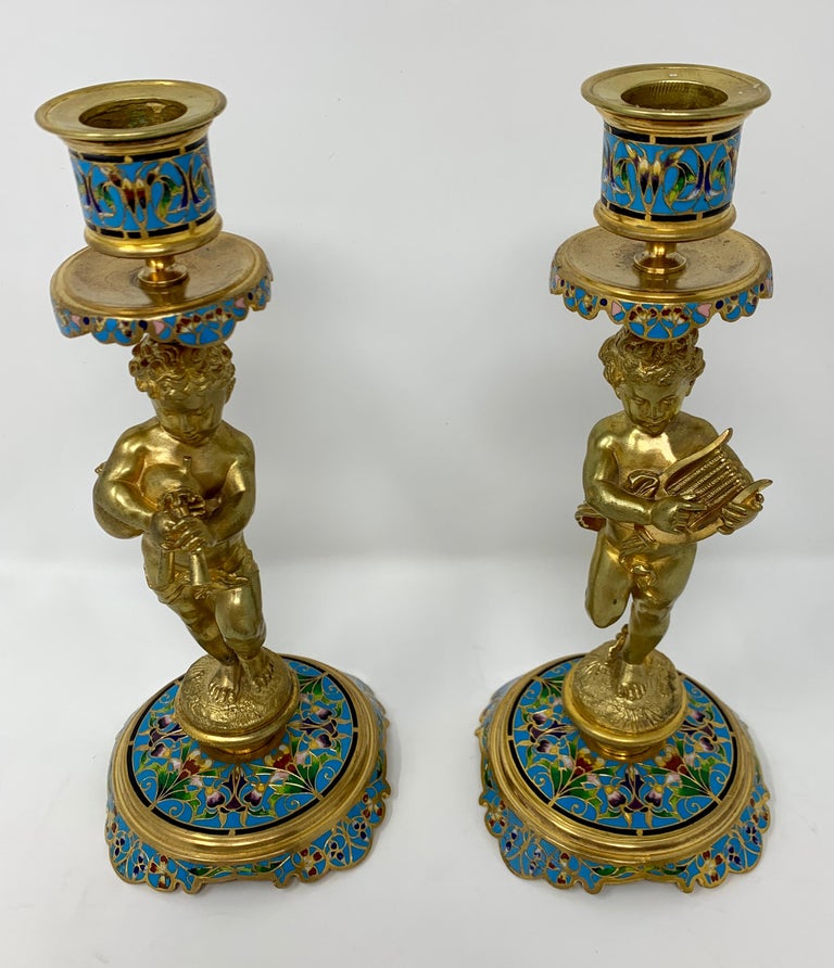 Pair of Antique French Cloisonné and Gold Bronze Candlesticks For Sale