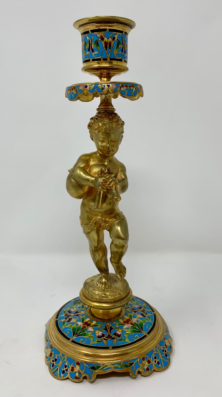 Pair of Antique French Cloisonné and Gold Bronze Candlesticks For Sale