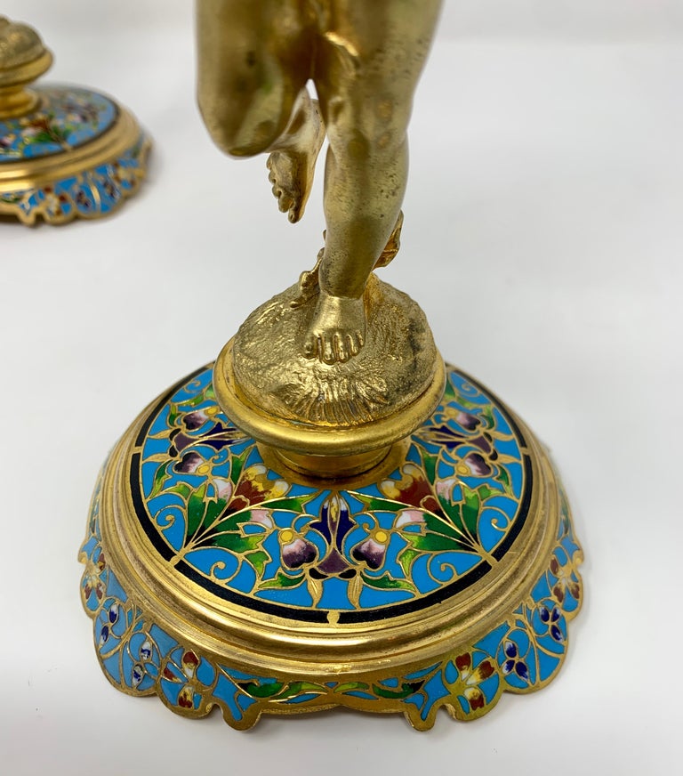 Pair of Antique French Cloisonné and Gold Bronze Candlesticks For Sale