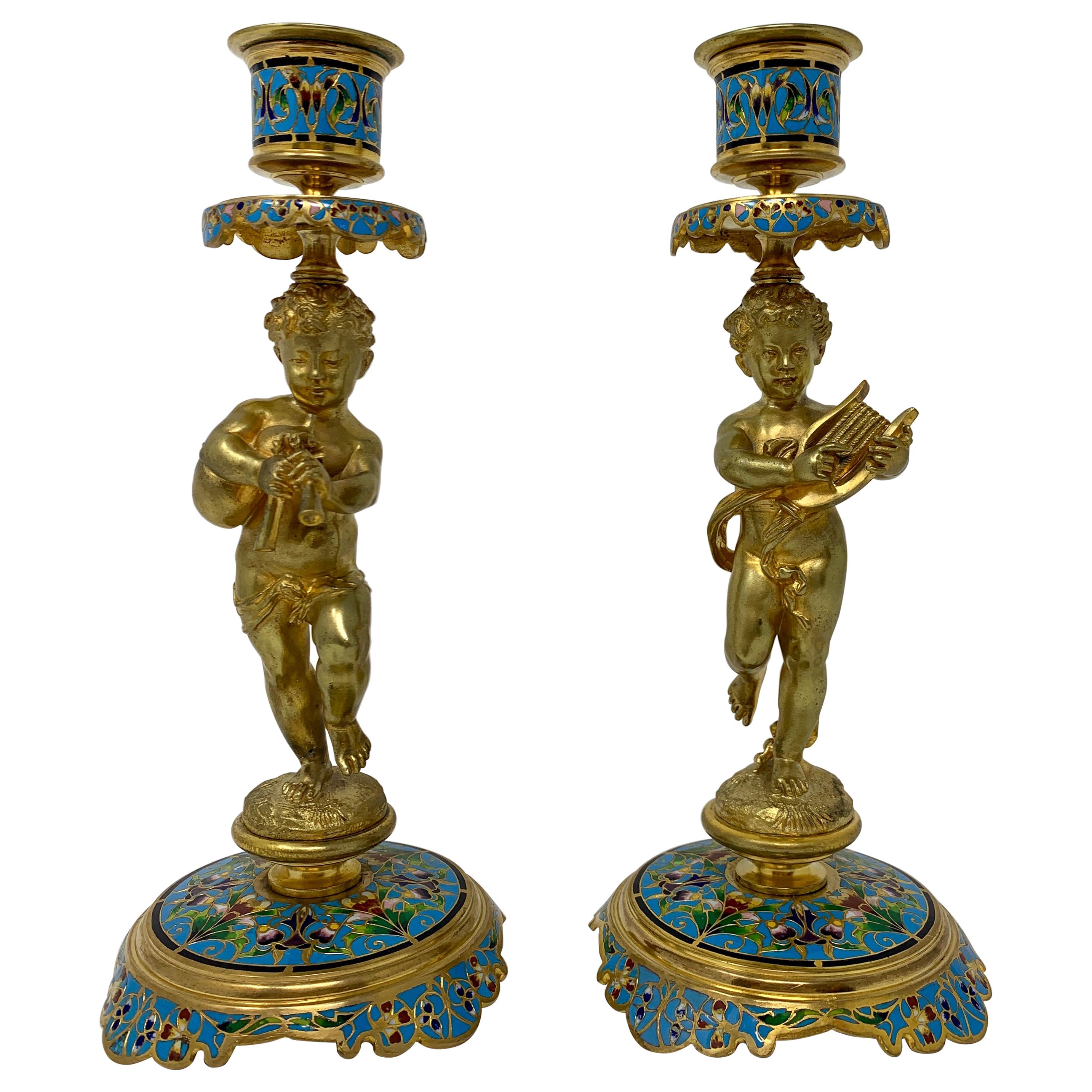 Pair of Antique French Cloisonné and Gold Bronze Candlesticks