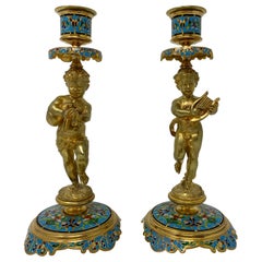 Pair of Antique French Cloisonné and Gold Bronze Candlesticks