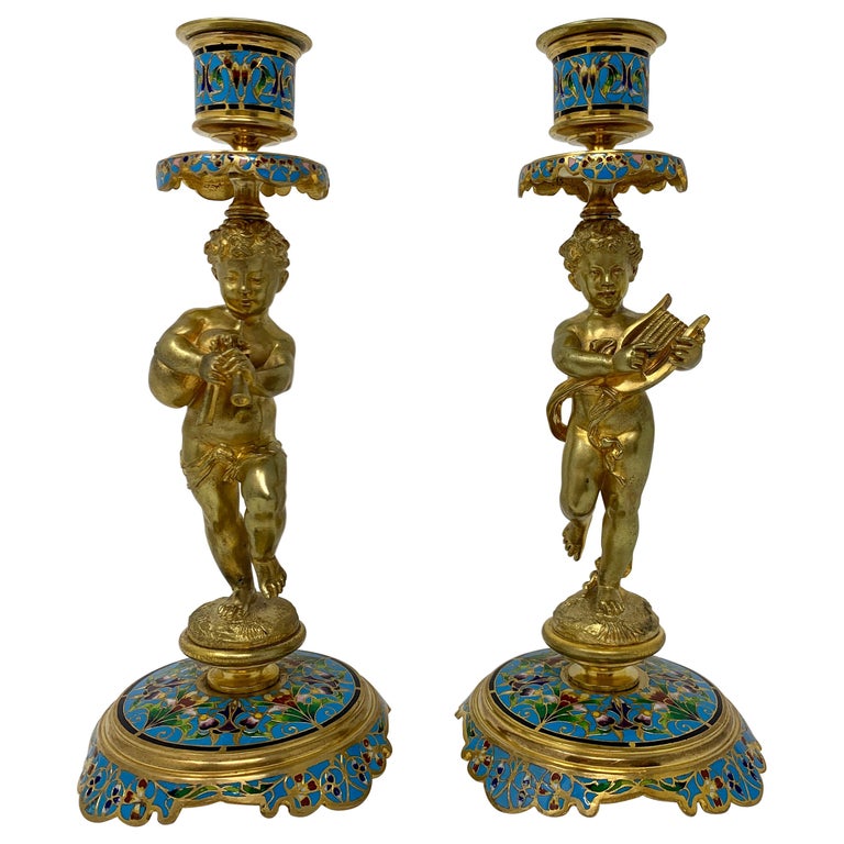 Pair of Antique French Cloisonné and Gold Bronze Candlesticks For