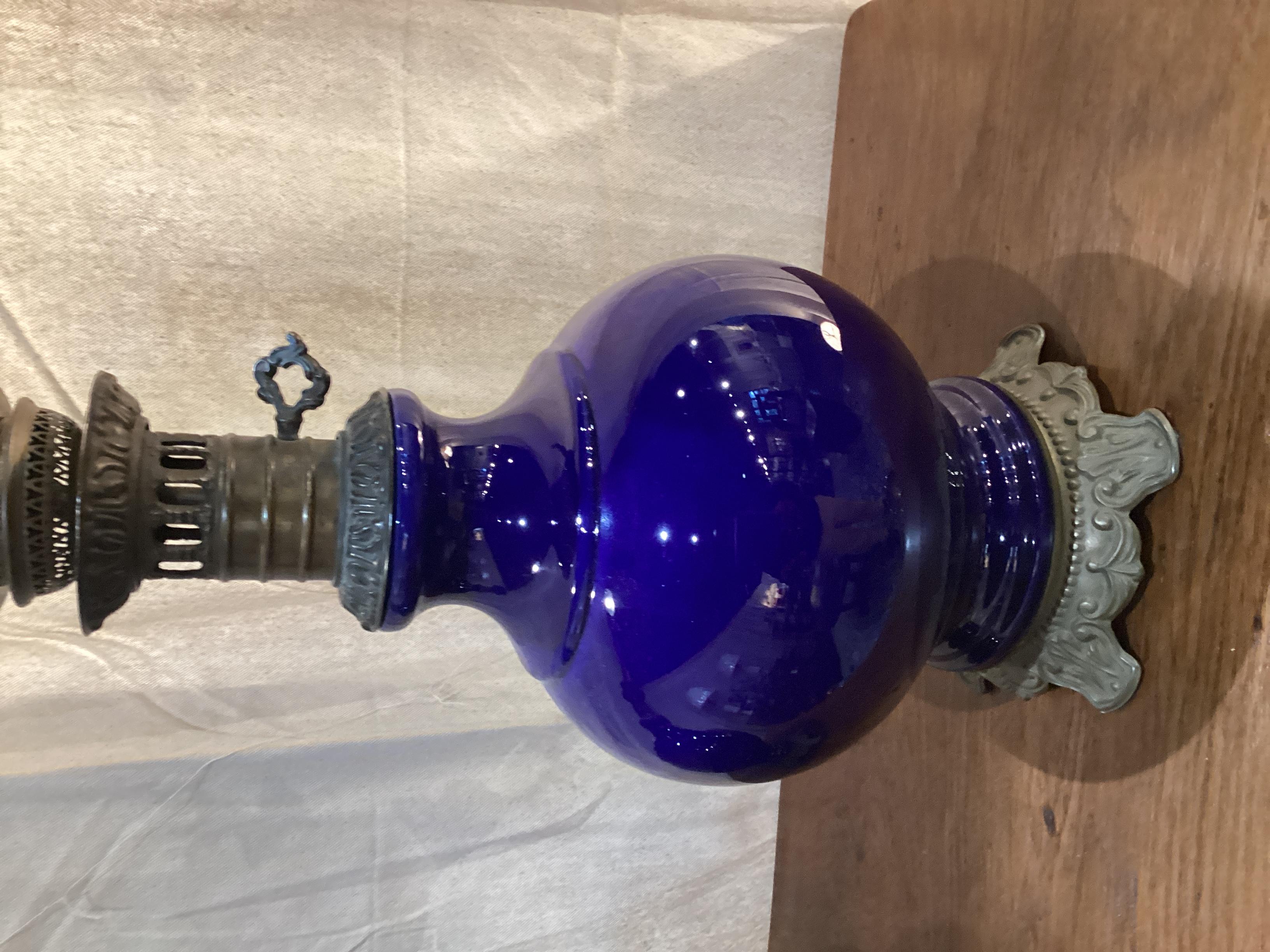 Pair of Antique French Cobalt Blue Ceramic Lamps  In Good Condition For Sale In Chapel Hill, NC