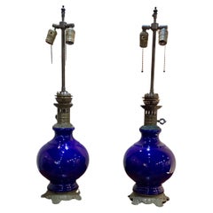 Pair of Antique French Cobalt Blue Ceramic Lamps 