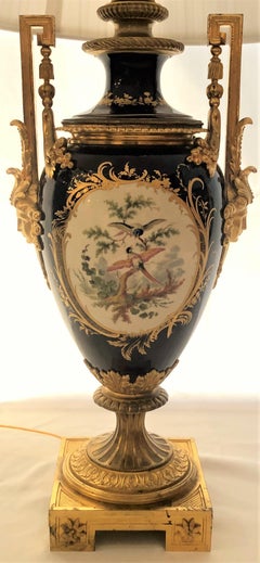 Pair of Antique French Cobalt Blue Sèvres Porcelain and Ormolu-Mounted Lamps