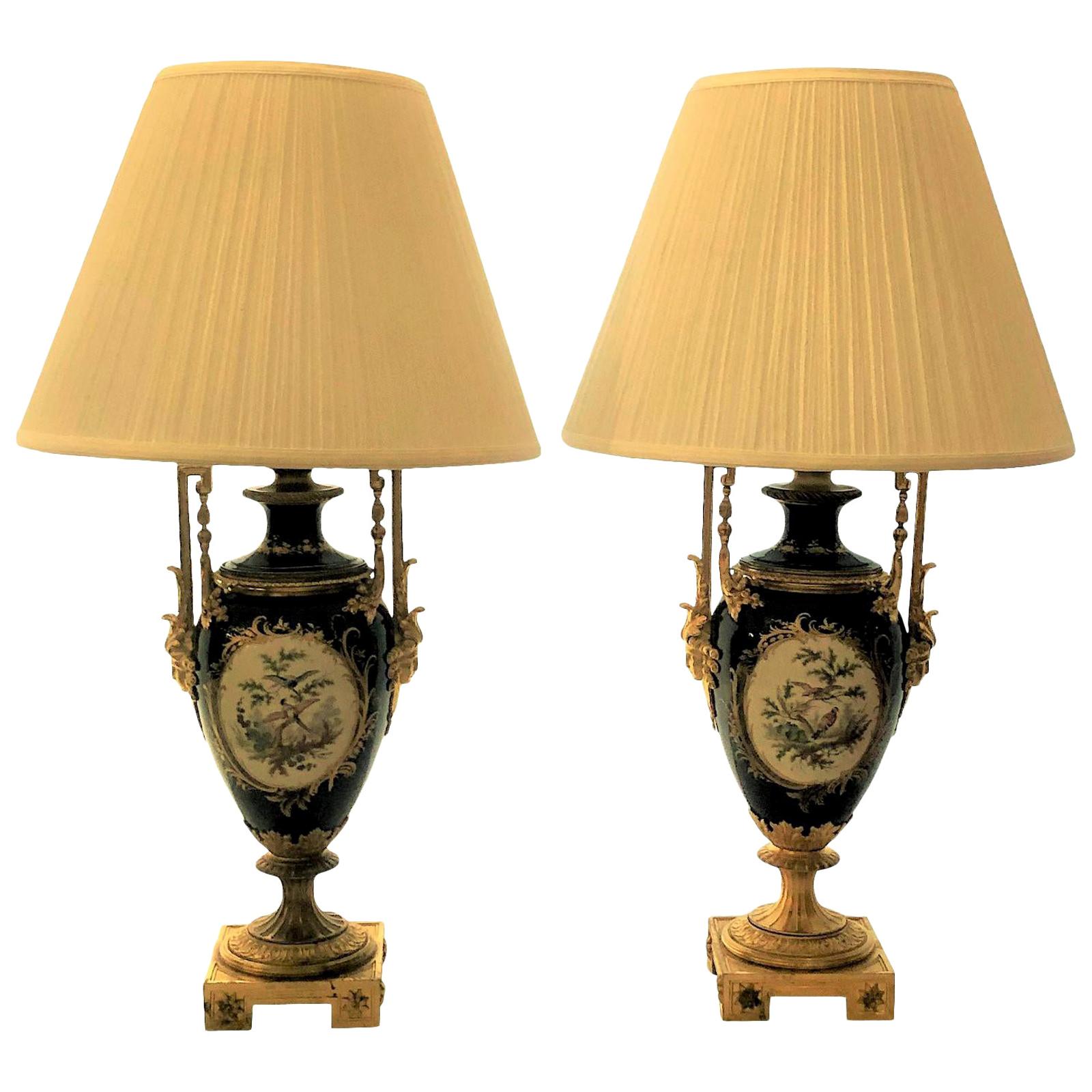 Pair of Antique French Cobalt Blue Sèvres Porcelain and Ormolu-Mounted Lamps