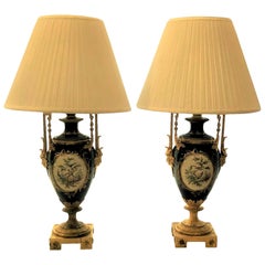 Pair of Antique French Cobalt Blue Sèvres Porcelain and Ormolu-Mounted Lamps