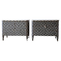 Pair of Antique French Commodes with Geomtric Pattern in Black and White Patina