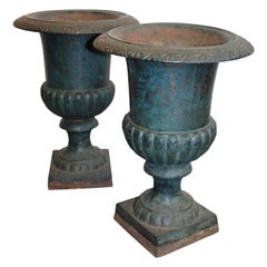 Pair of Antique French Continental Blue Cast Iron Urn Campana Jardinière