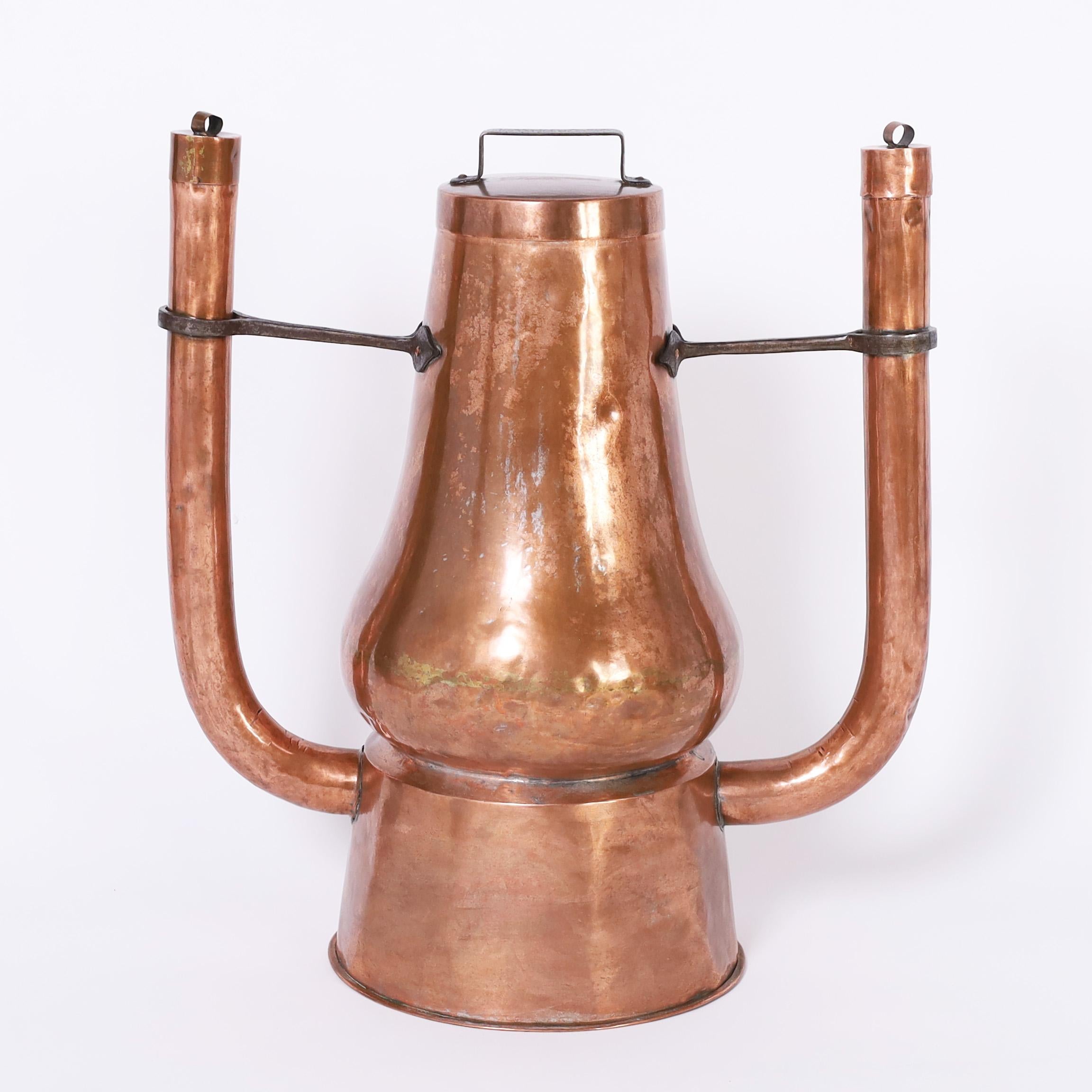 Rare pair of 18th Century French bath warmers handcrafted with copper and  iron in utilitarian yet sculptural form, still functional and miraculously retaining the original lids.
