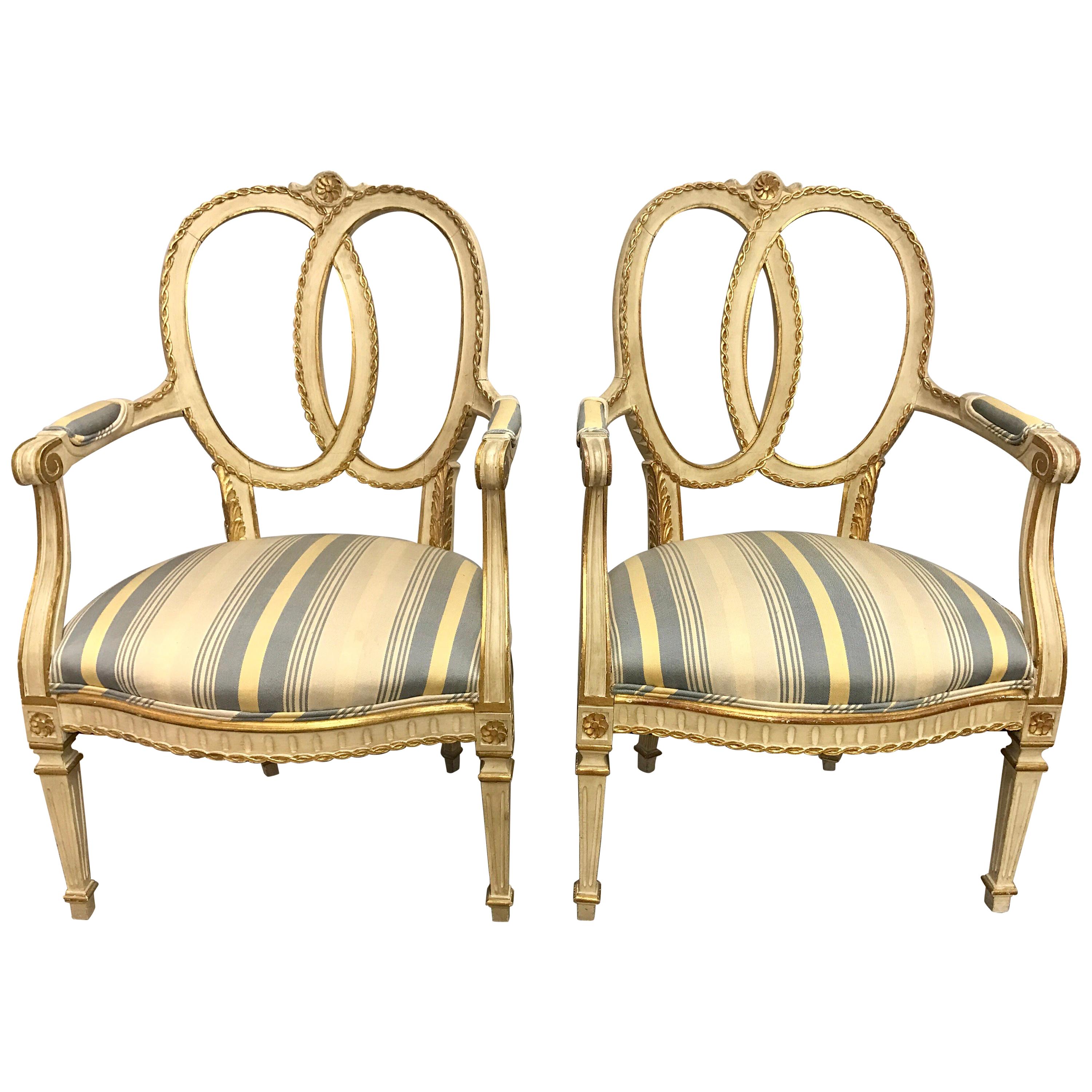Pair of Antique French Cream Painted Giltwood Armchairs