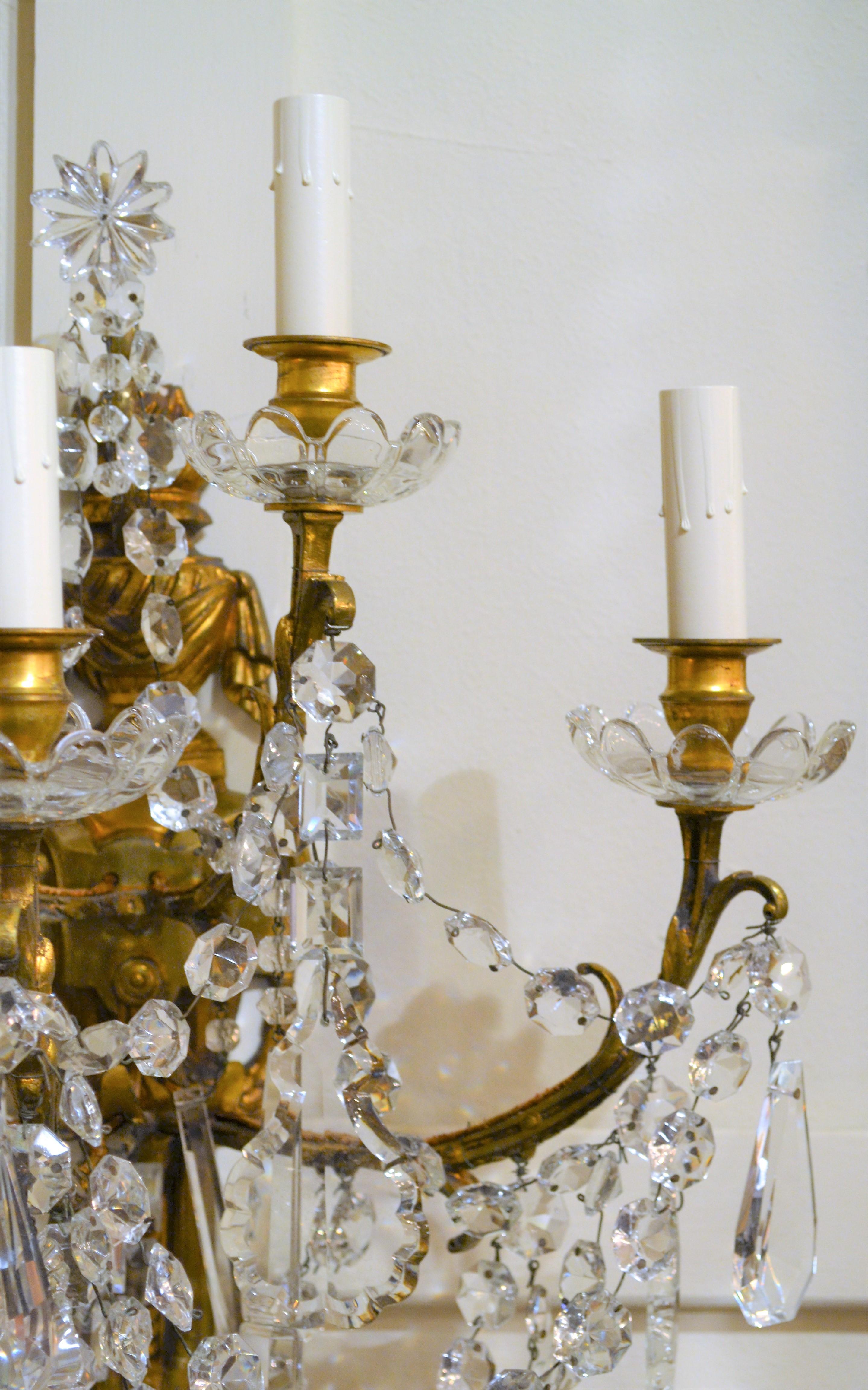 European Pair of Antique French Crystal and Bronze Five Light Sconces For Sale