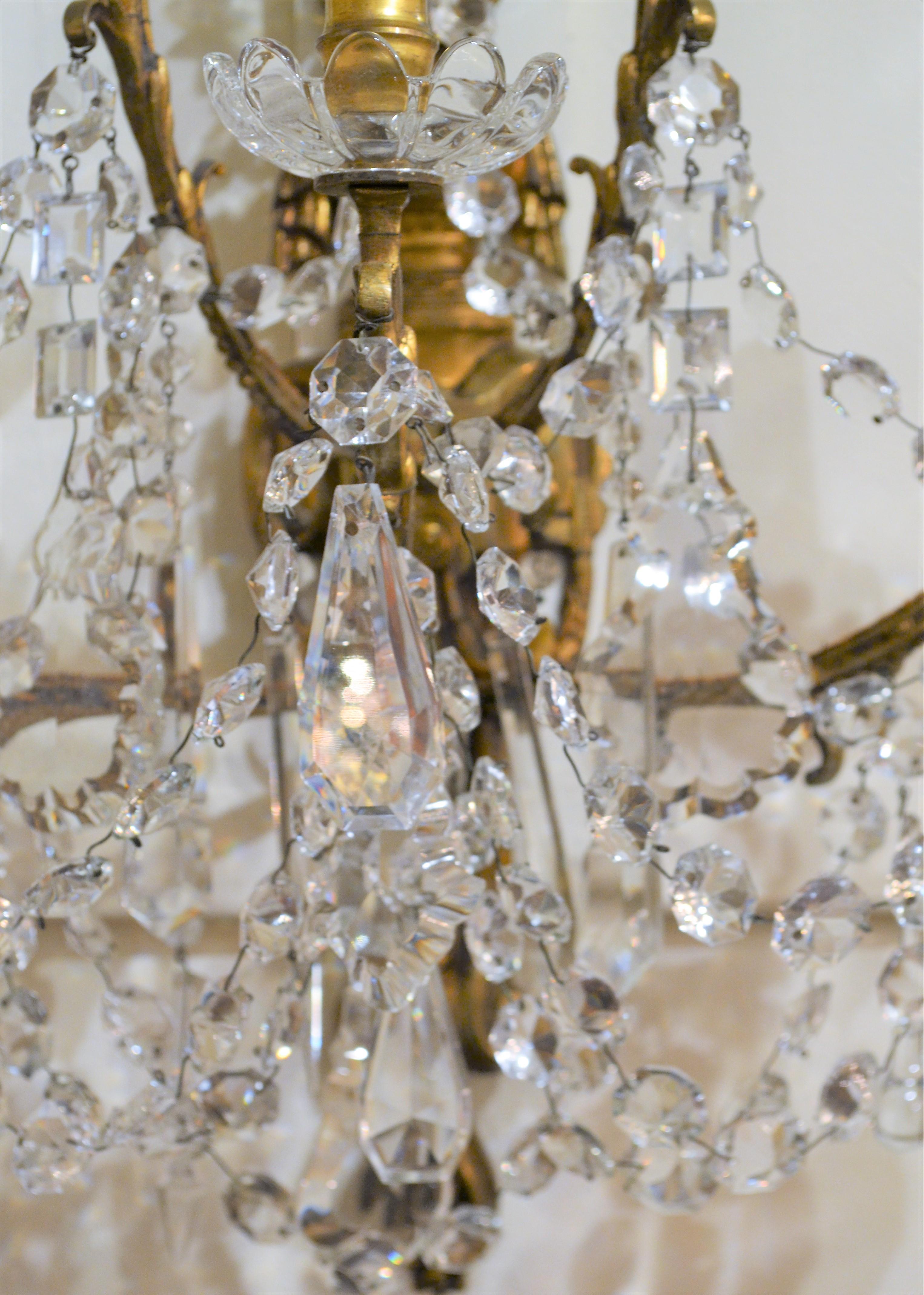 19th Century Pair of Antique French Crystal and Bronze Five Light Sconces For Sale