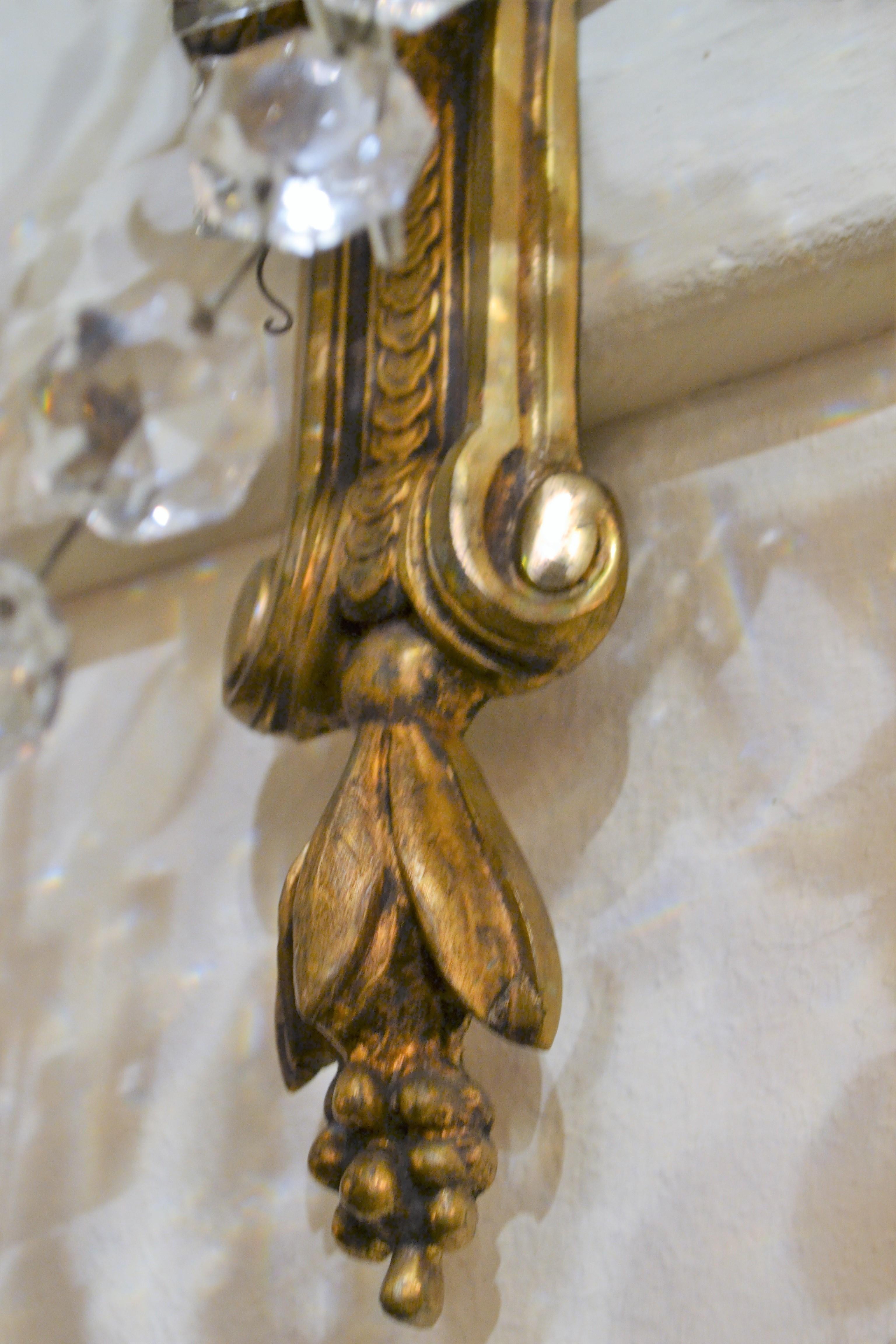 Pair of Antique French Crystal and Bronze Five Light Sconces For Sale 1