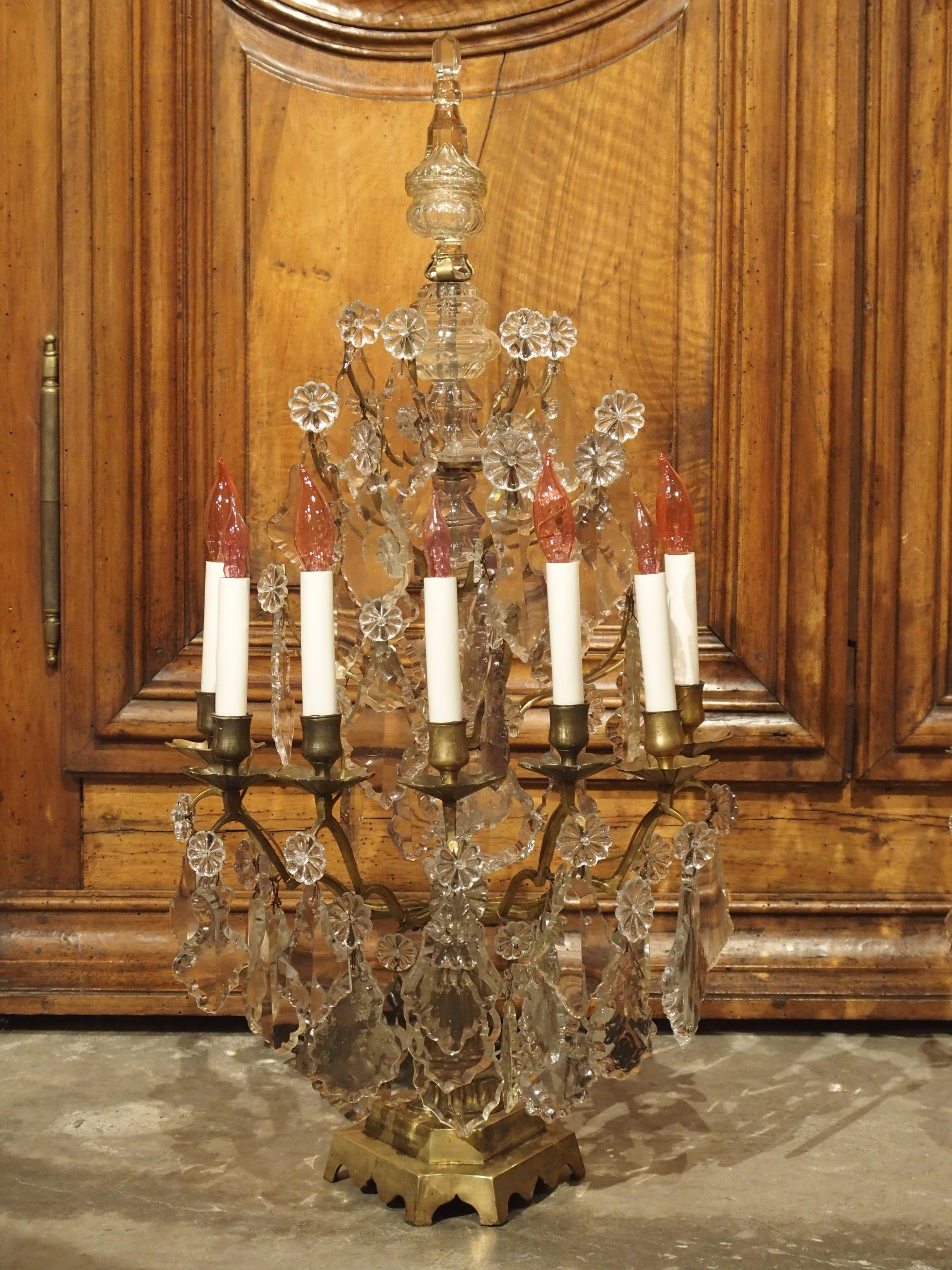 Pair of Antique French Crystal and Bronze Girandoles, Circa 1890 For Sale 2