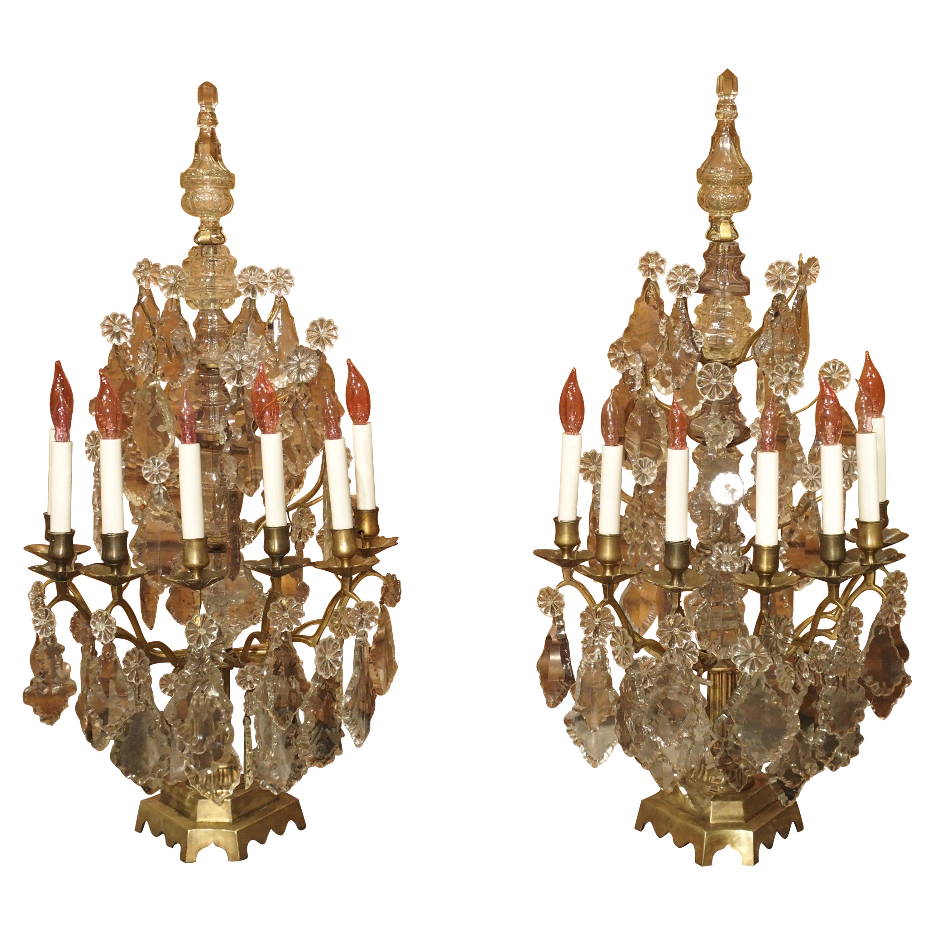 Pareja de Girándolas Antiguas Francesas de Cristal y Bronce, Circa 1890