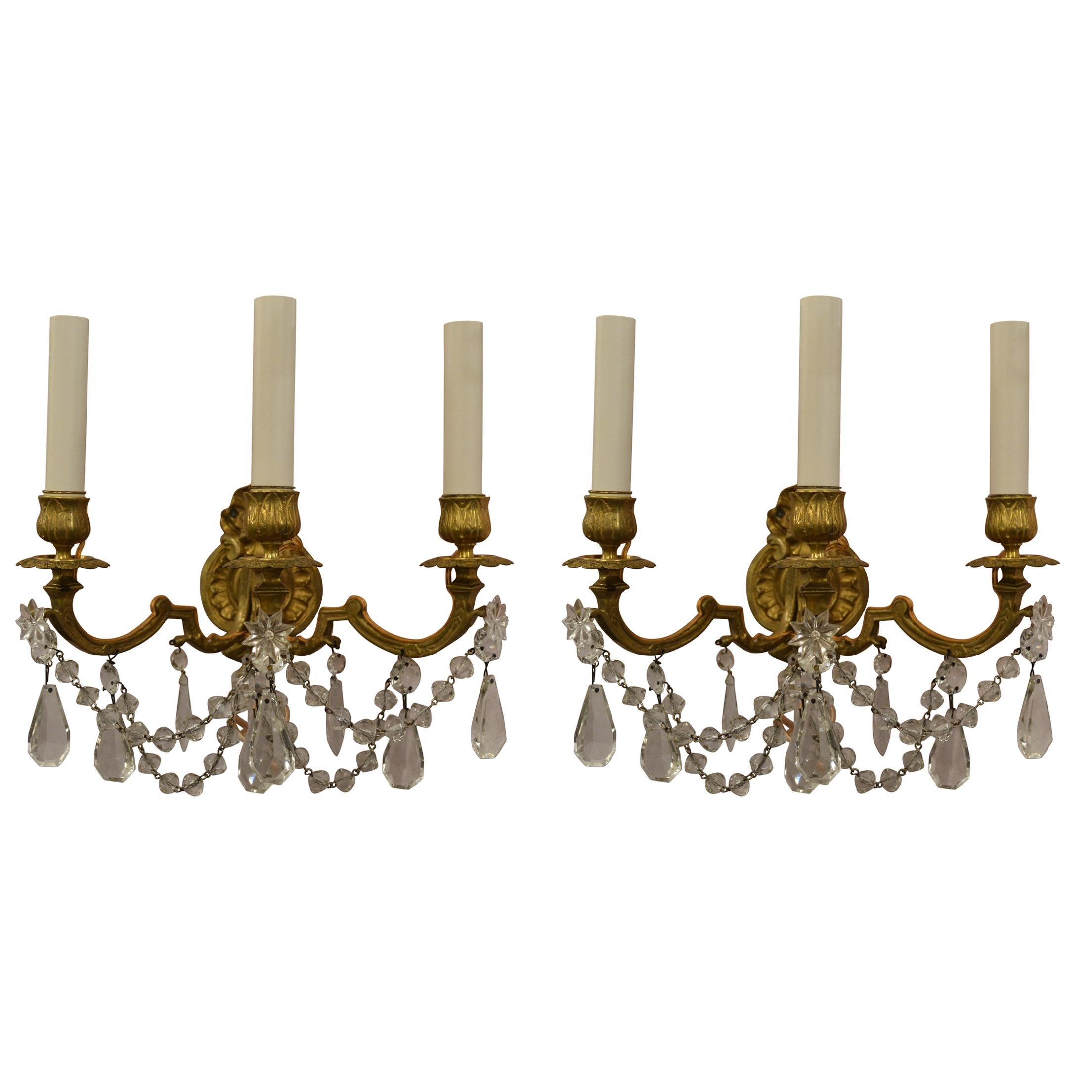 Pair of Antique French Crystal and Bronze Sconces