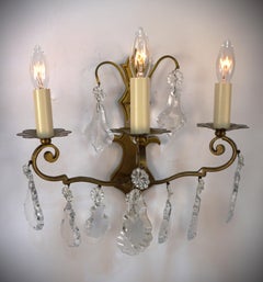 Pair of Antique French Crystal and Bronze Wall Sconces