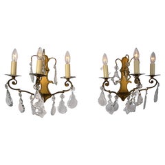 Pair of Antique French Crystal and Bronze Wall Sconces