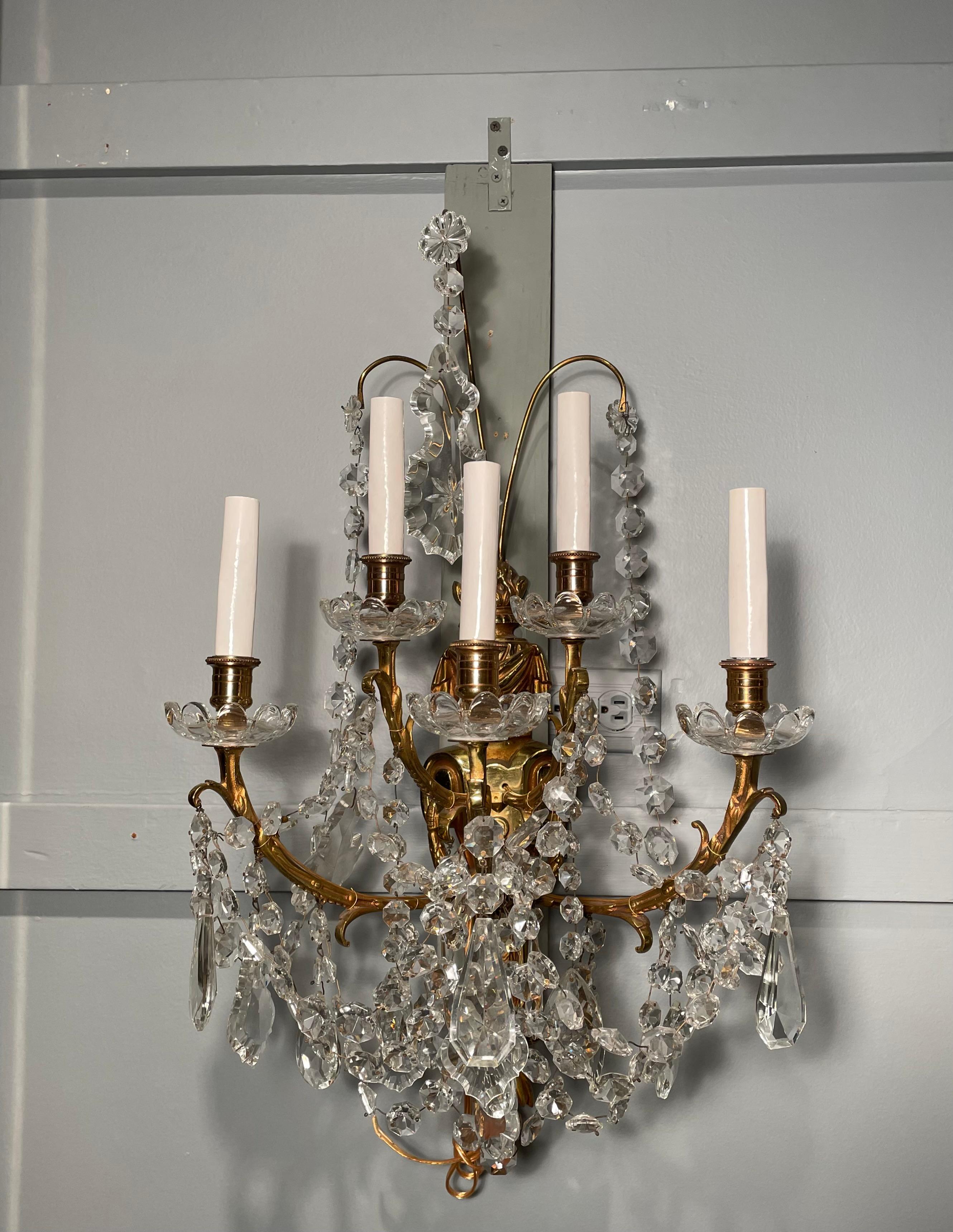 Pair of Antique French Crystal Five Light Sconces.