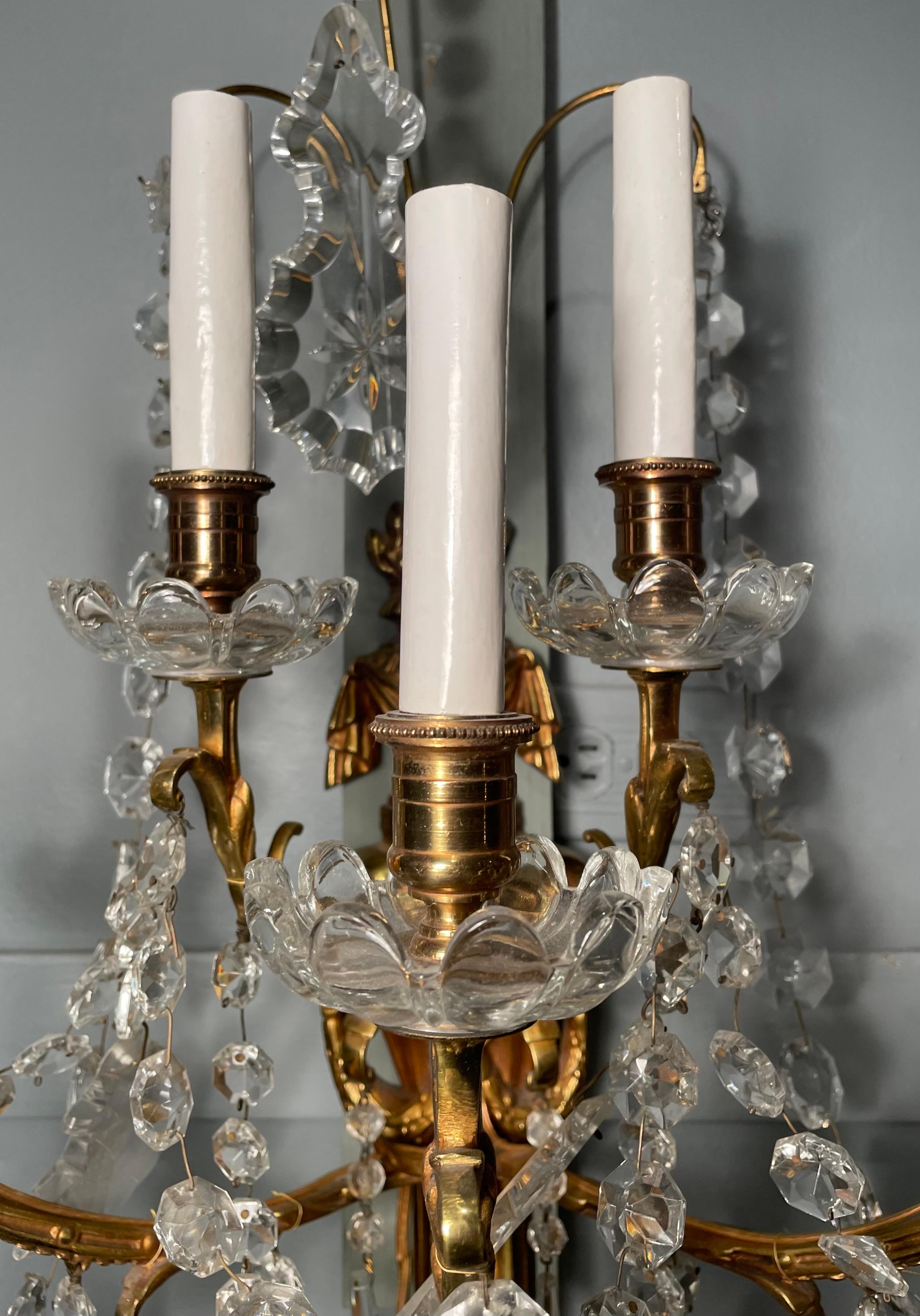 Pair of Antique French Crystal Five Light Sconces In Good Condition For Sale In New Orleans, LA