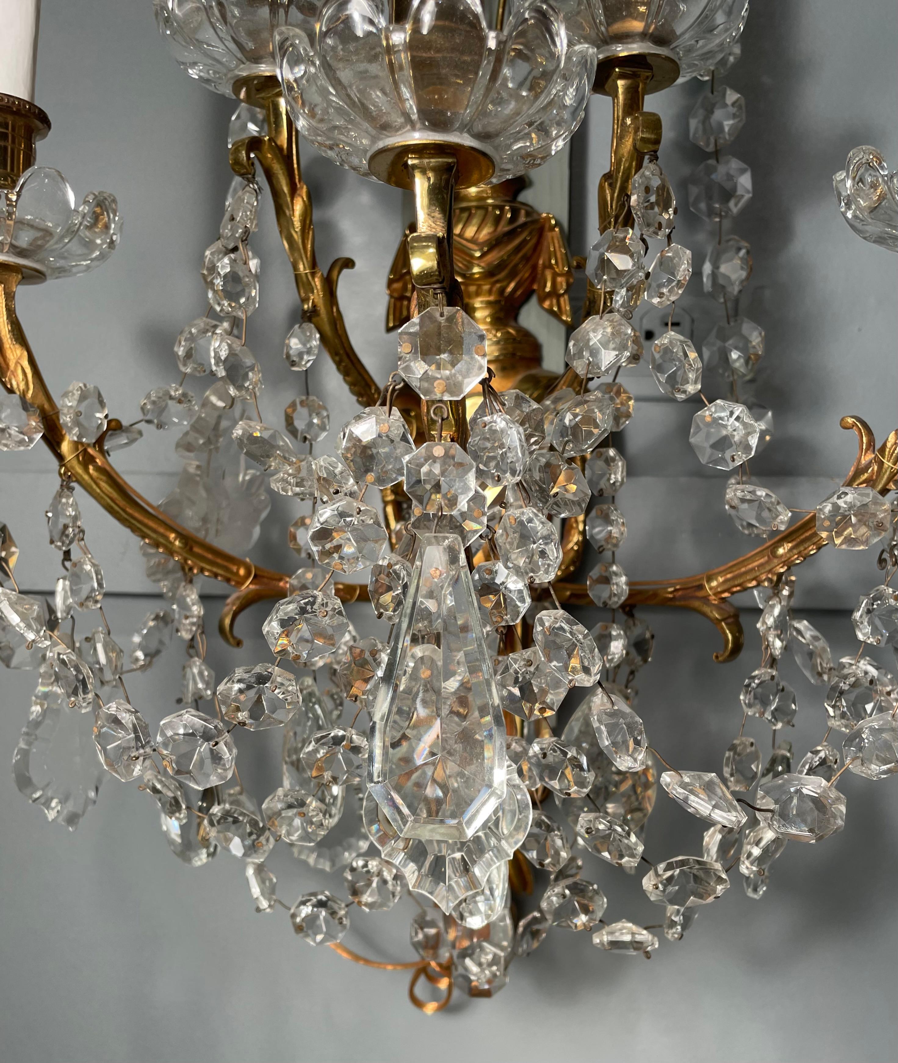 19th Century Pair of Antique French Crystal Five Light Sconces For Sale