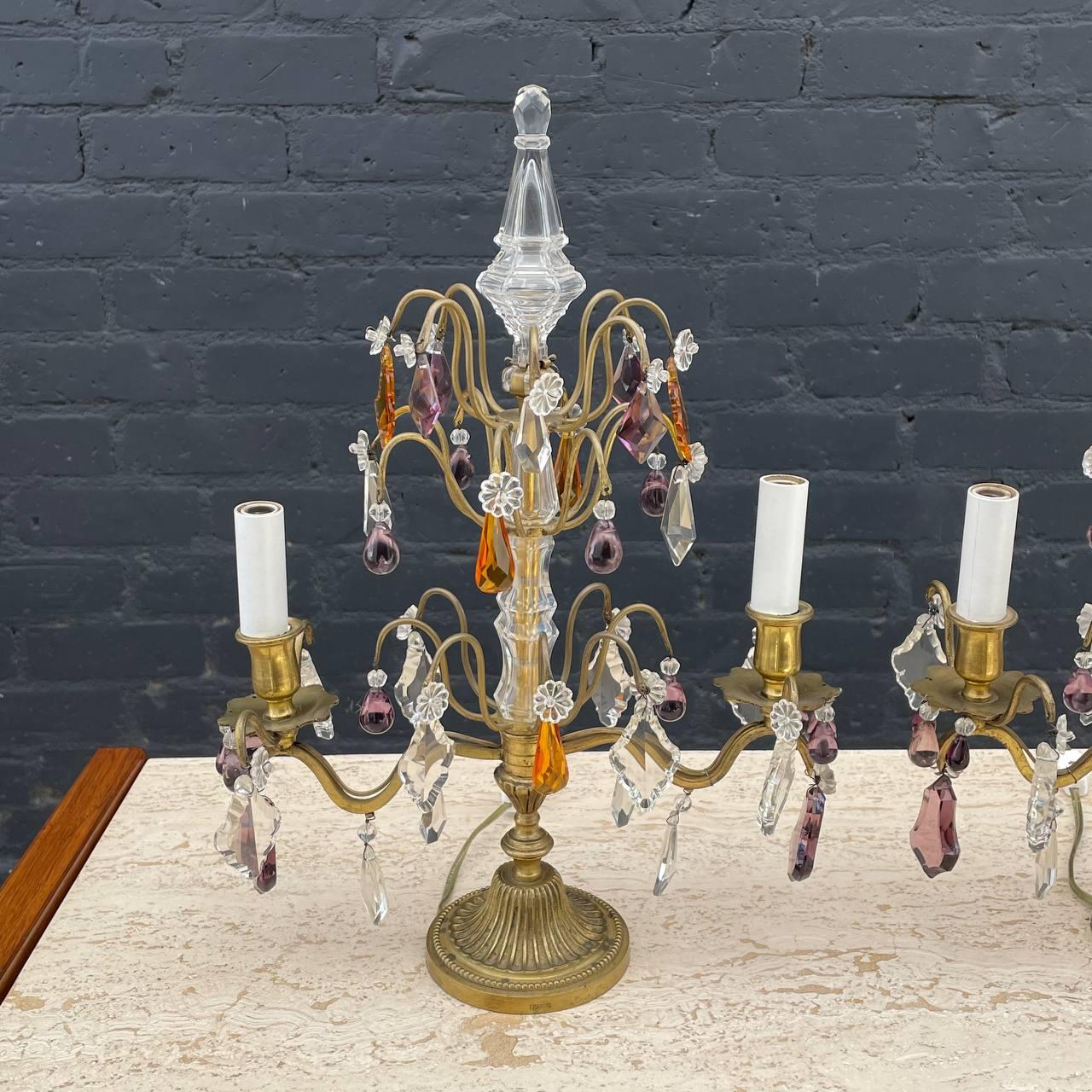 Pair of Antique French Crystal Girandoles Lamps In Excellent Condition For Sale In Los Angeles, CA