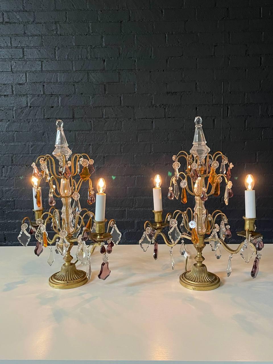 Other Pair of Antique French Crystal Girandoles Lamps For Sale