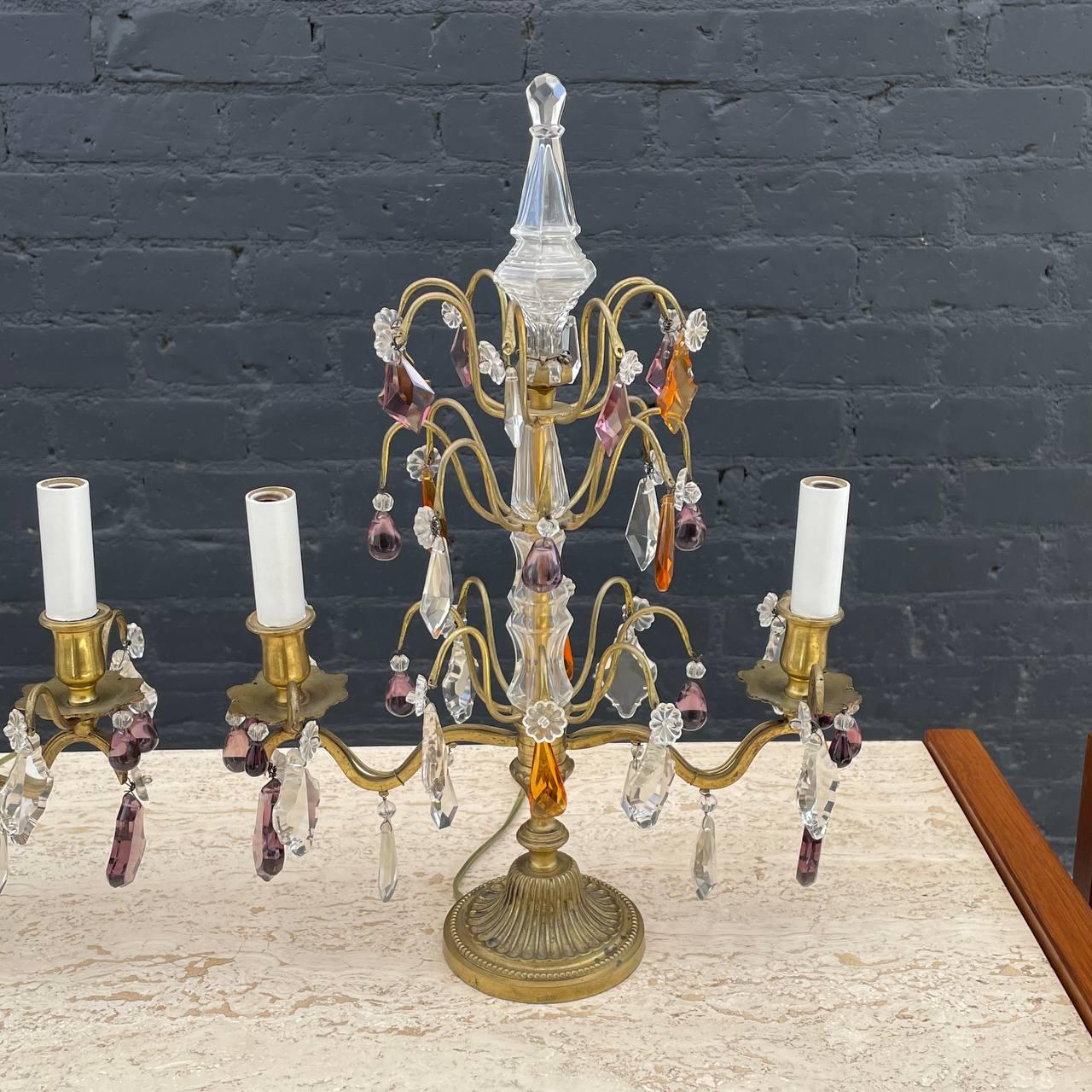 Early 20th Century Pair of Antique French Crystal Girandoles Lamps For Sale
