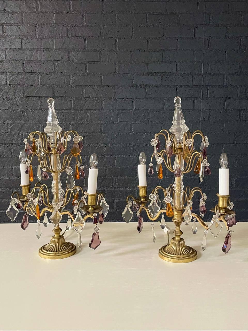 Pair of Antique French Crystal Girandoles Lamps In Good Condition For Sale In Los Angeles, CA