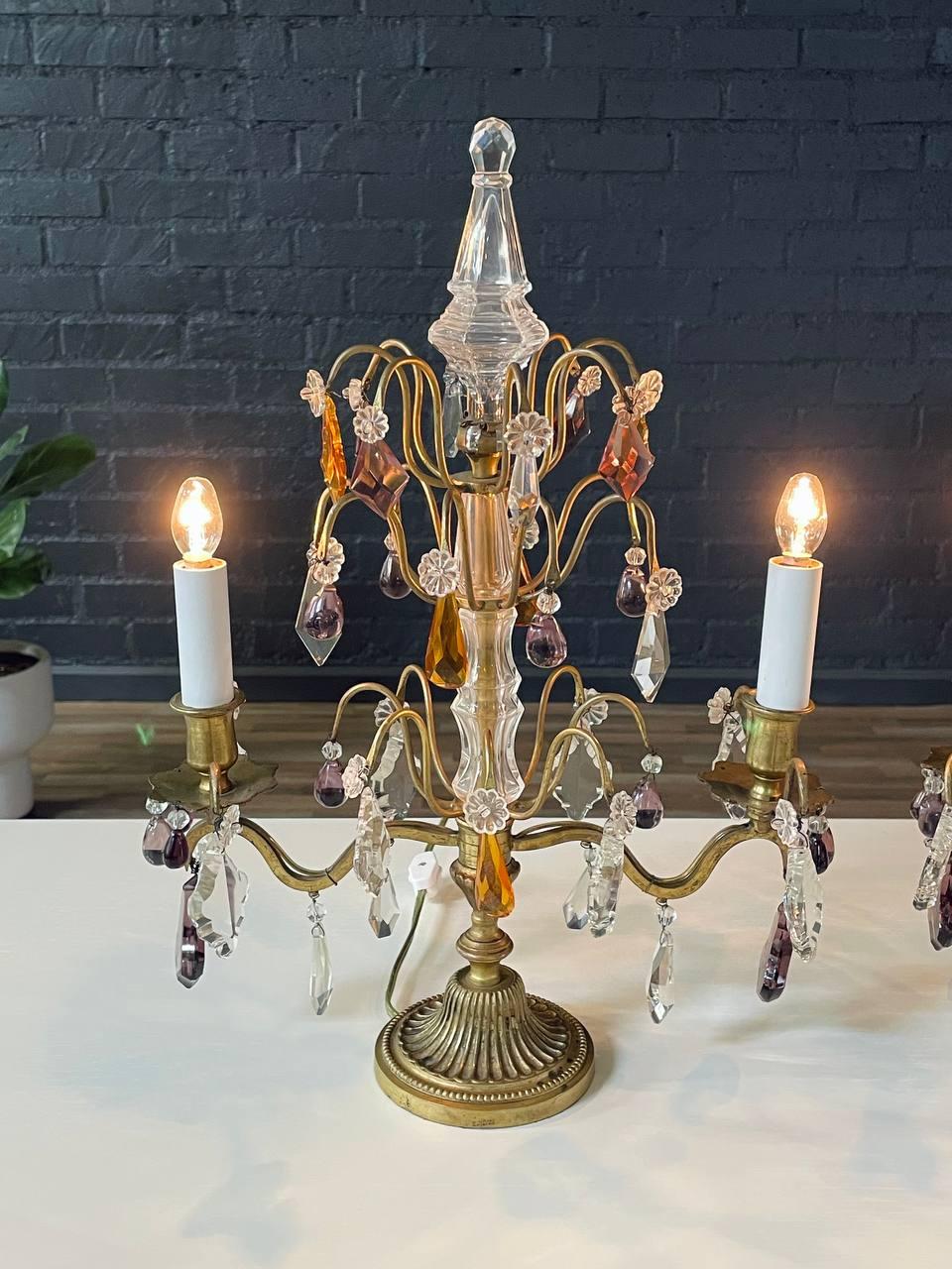 Early 20th Century Pair of Antique French Crystal Girandoles Lamps For Sale