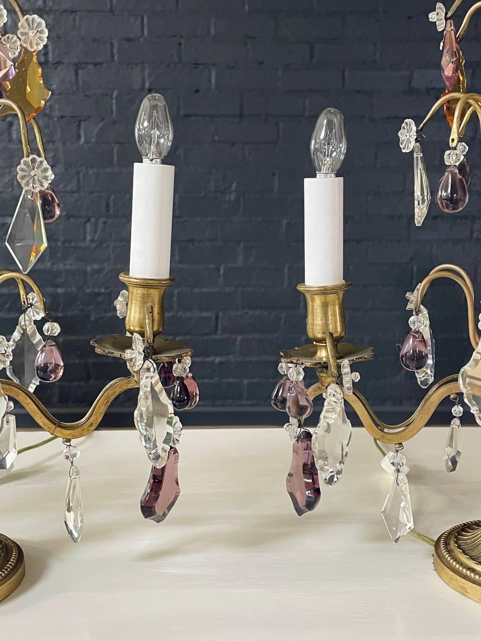 Pair of Antique French Crystal Girandoles Lamps For Sale 2
