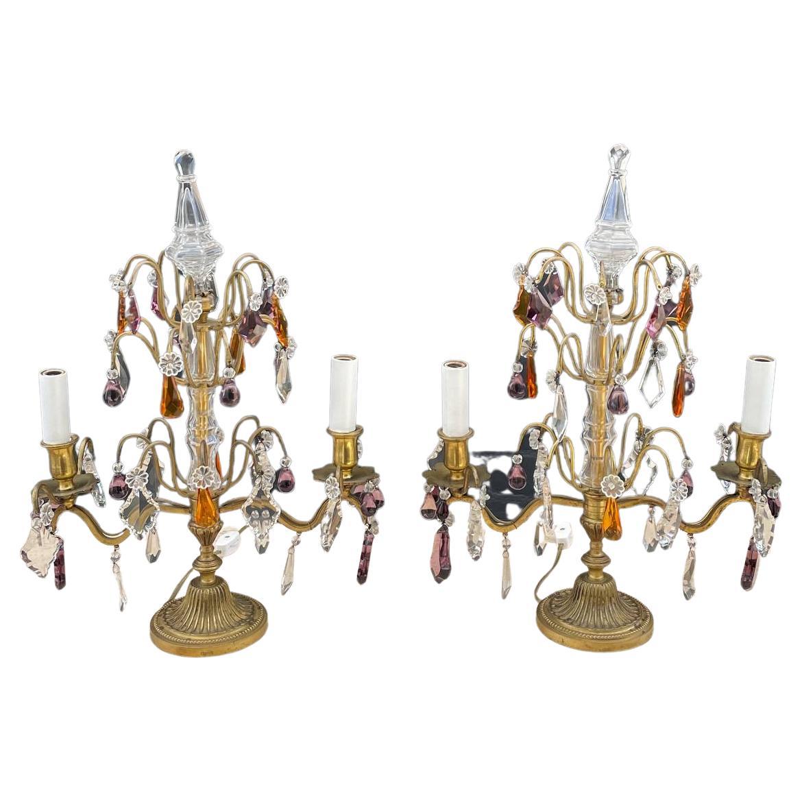 Pair of Antique French Crystal Girandoles Lamps