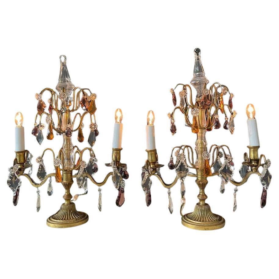 Pair of Antique French Crystal Girandoles Lamps