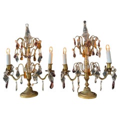 Pair of Antique French Crystal Girandoles Lamps