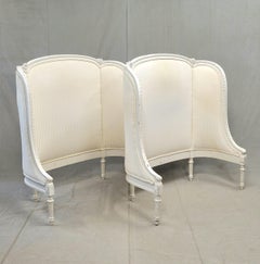 Pair of Antique French Curved Twin Headboards with Ivory Sateen Upholstery