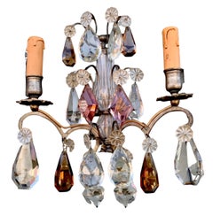 Pair of Antique French Cut Lead Crystal & Silvered Bronze Wall Sconces