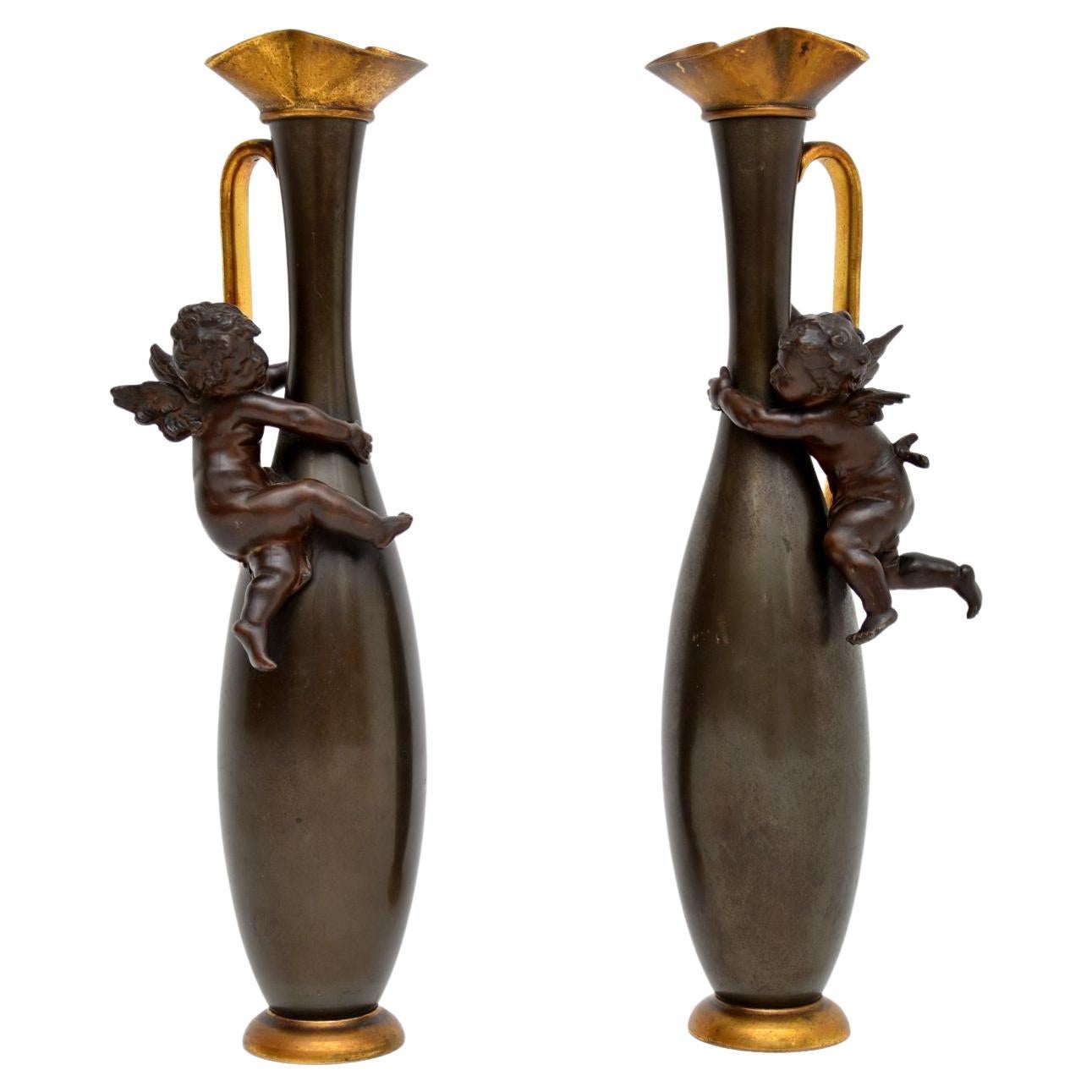 Pair of Antique French Decorative Bronze Pitchers For Sale
