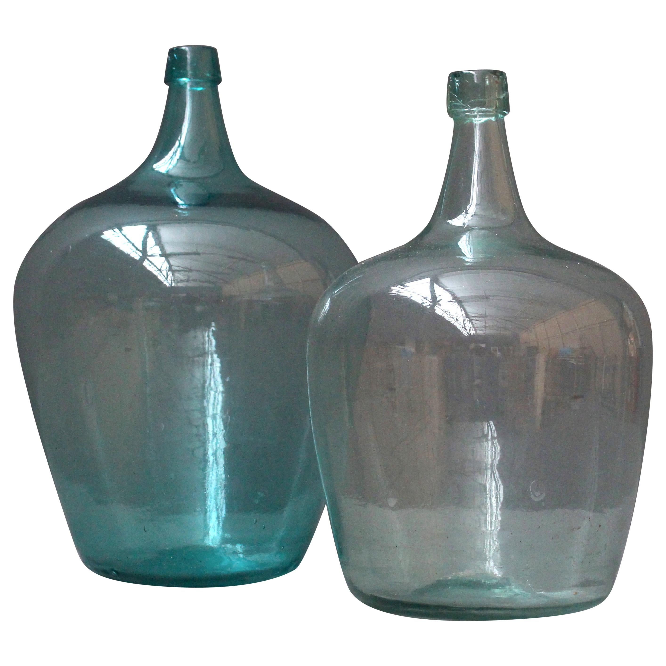 Pair of Antique French Demijons Hand Blown Wine Bottles For Sale