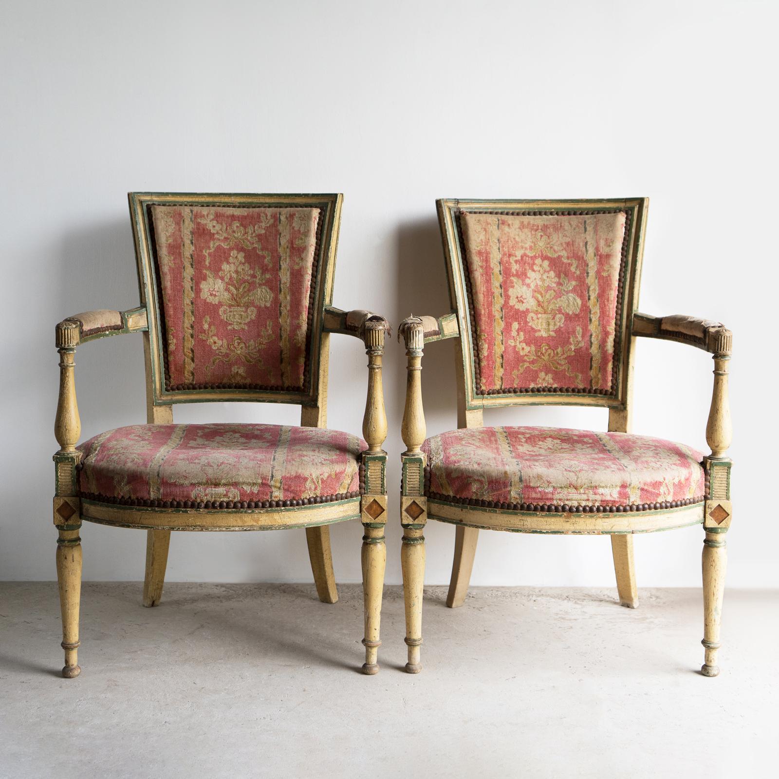 Pair Of Antique French Directoire Period Painted Armchairs, Late 18th Century For Sale 7