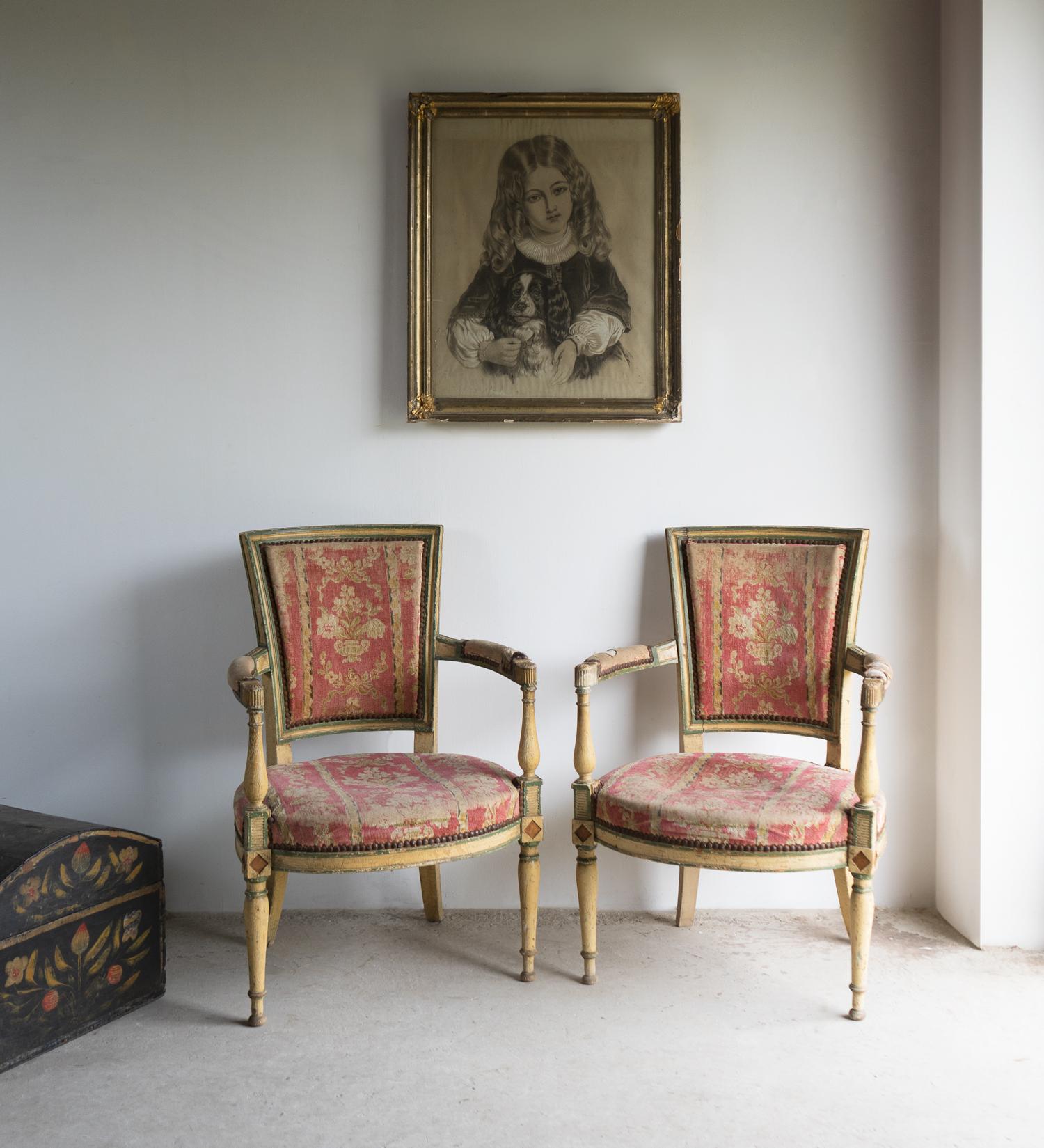 Pair Of Antique French Directoire Period Painted Armchairs, Late 18th Century For Sale 11