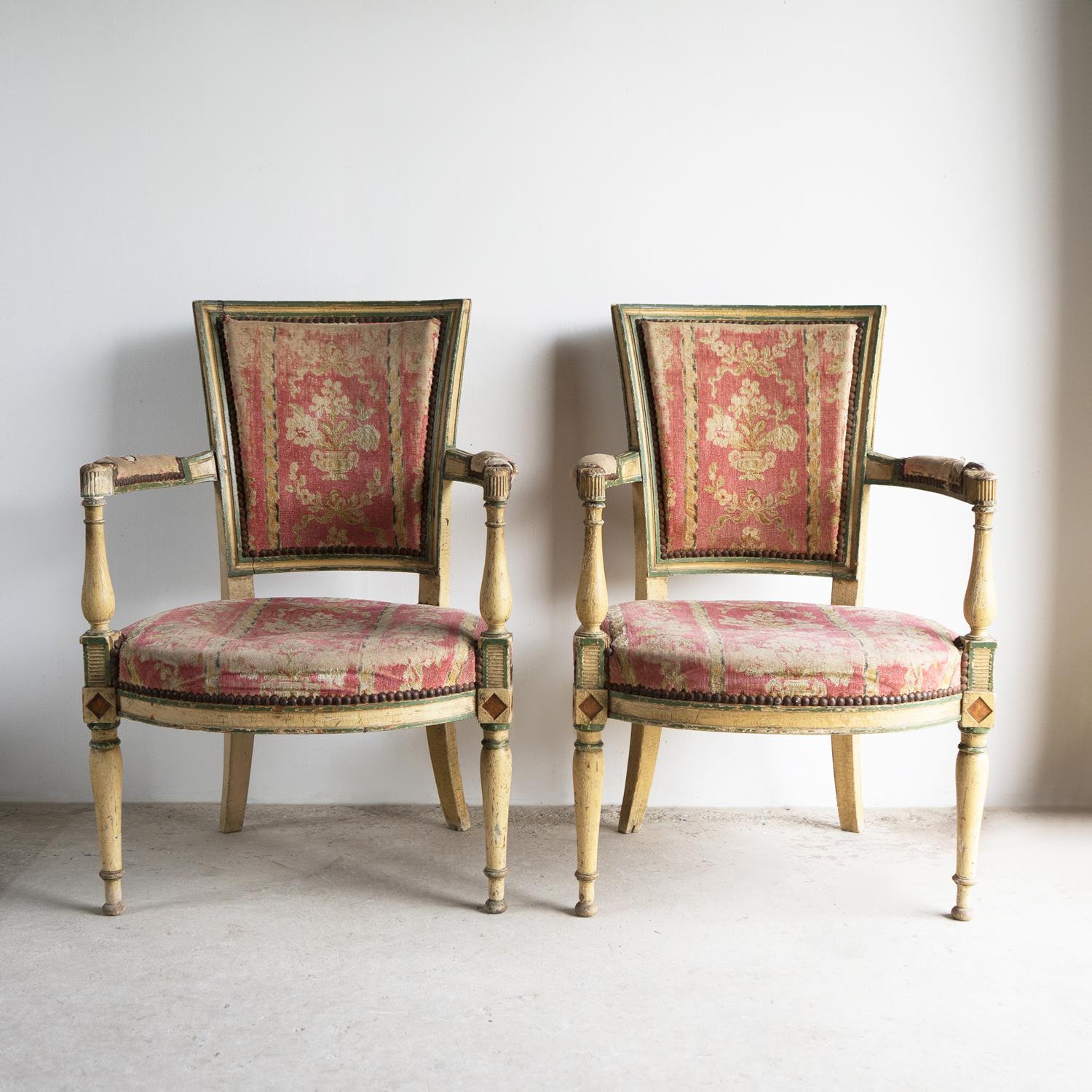 Hand-Carved Pair Of Antique French Directoire Period Painted Armchairs, Late 18th Century For Sale