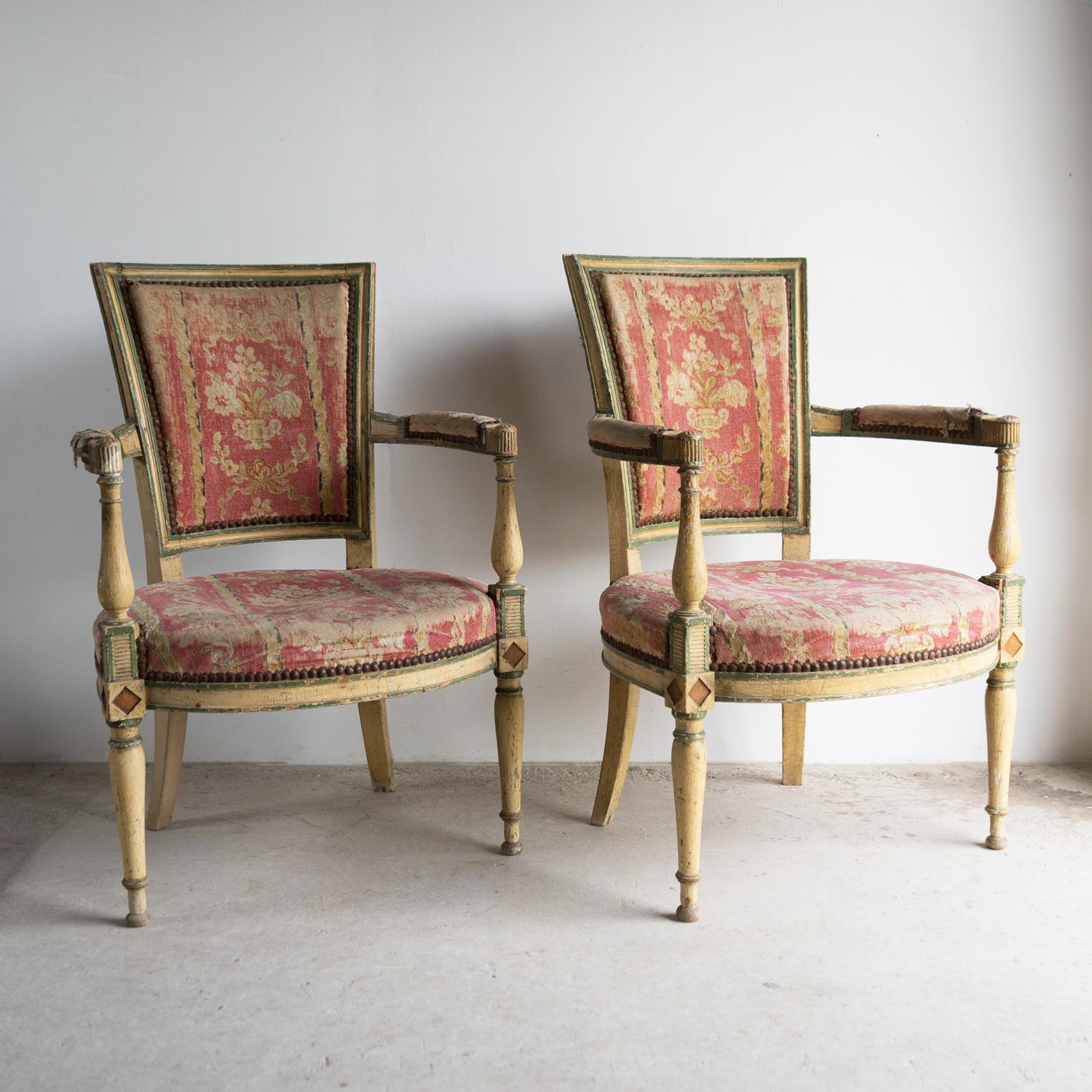 Pair Of Antique French Directoire Period Painted Armchairs, Late 18th Century In Fair Condition For Sale In Bristol, GB