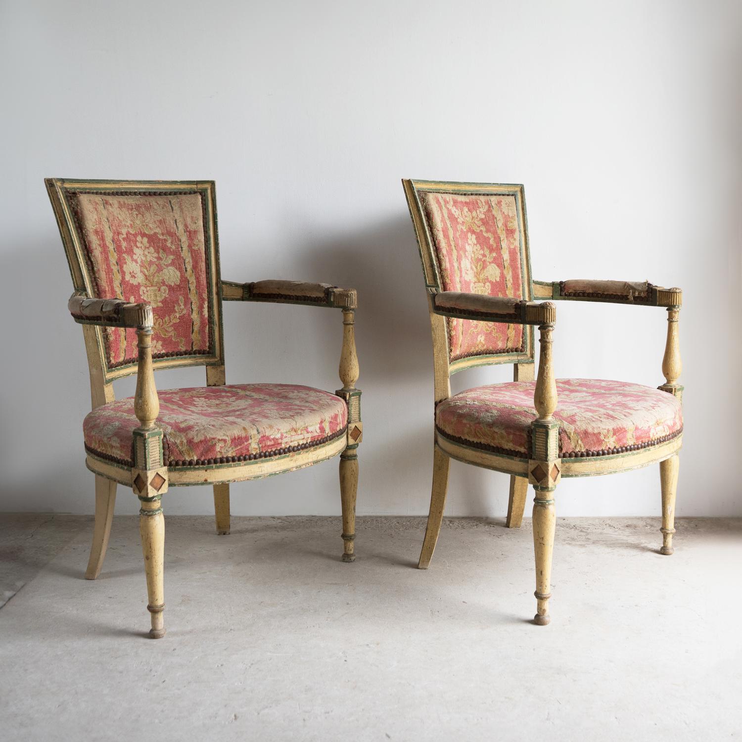Fabric Pair Of Antique French Directoire Period Painted Armchairs, Late 18th Century For Sale