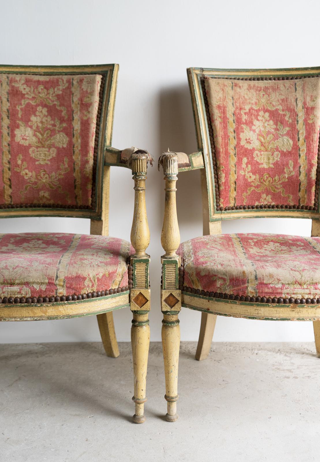 Pair Of Antique French Directoire Period Painted Armchairs, Late 18th Century For Sale 2