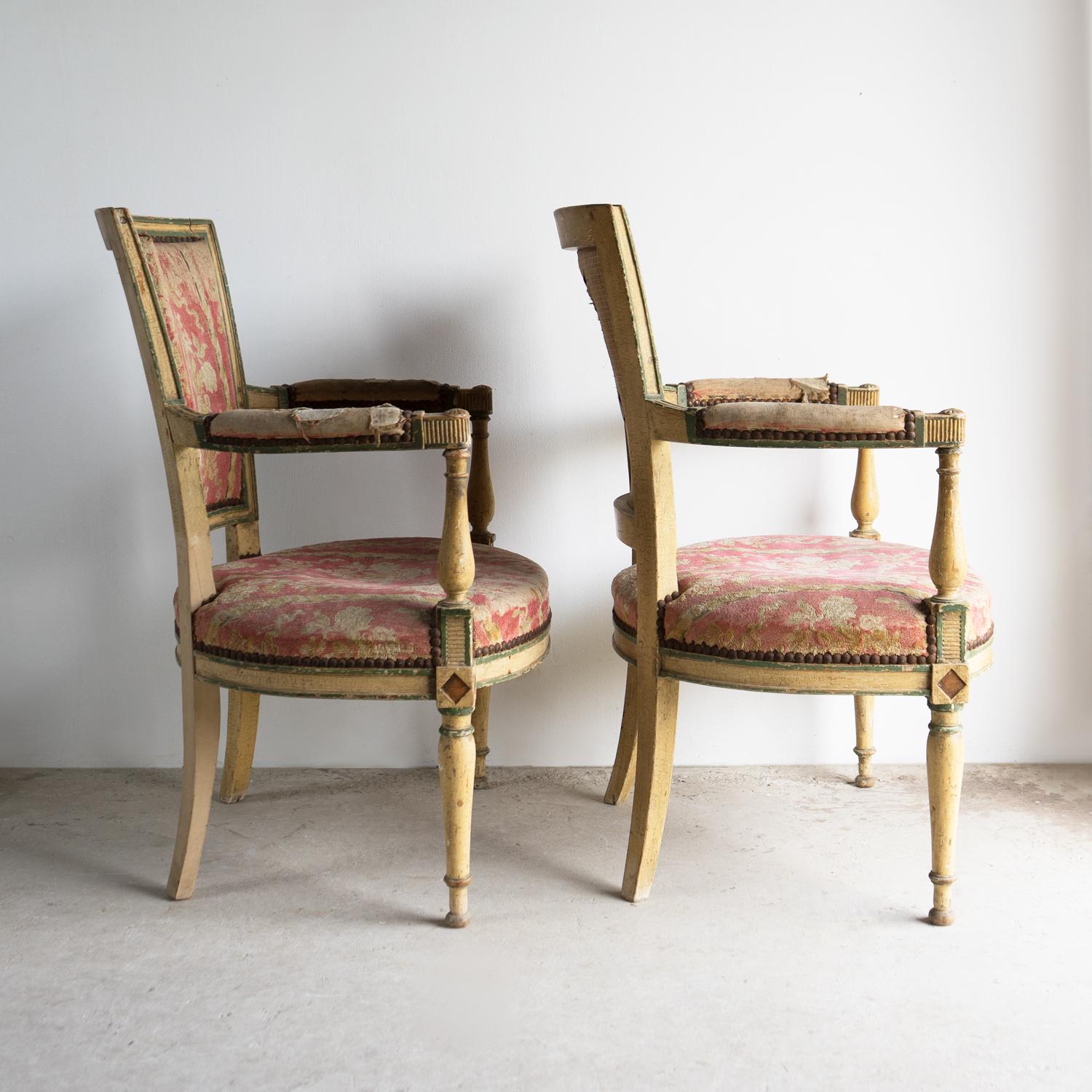 Pair Of Antique French Directoire Period Painted Armchairs, Late 18th Century For Sale 3
