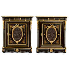 Pair of Antique French Ebonised Wood, Ormolu, Bronze and Marquetry Cabinets