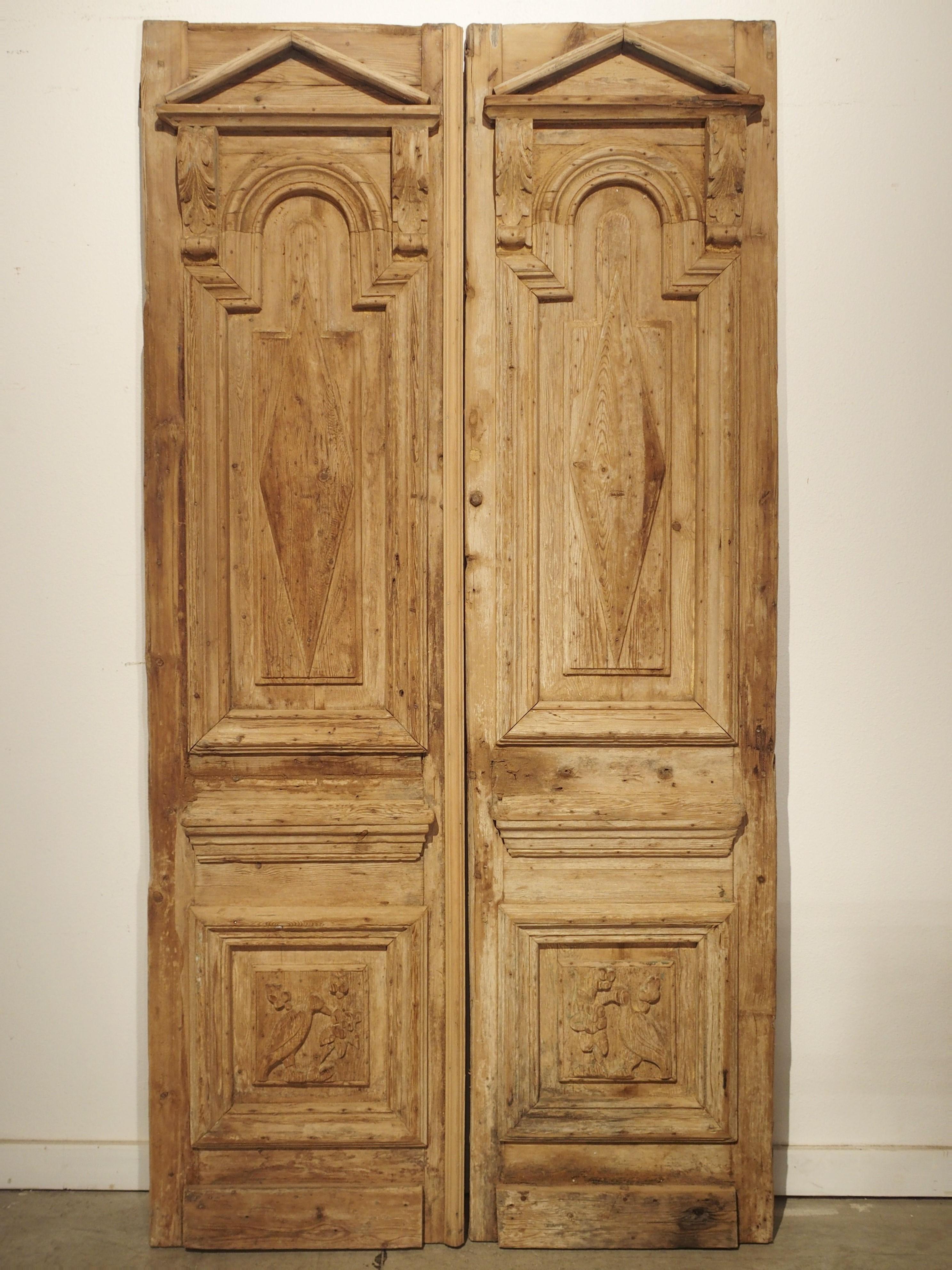 Pair of Antique French Egyptian Pine Doors with Carved Bird Motifs 12