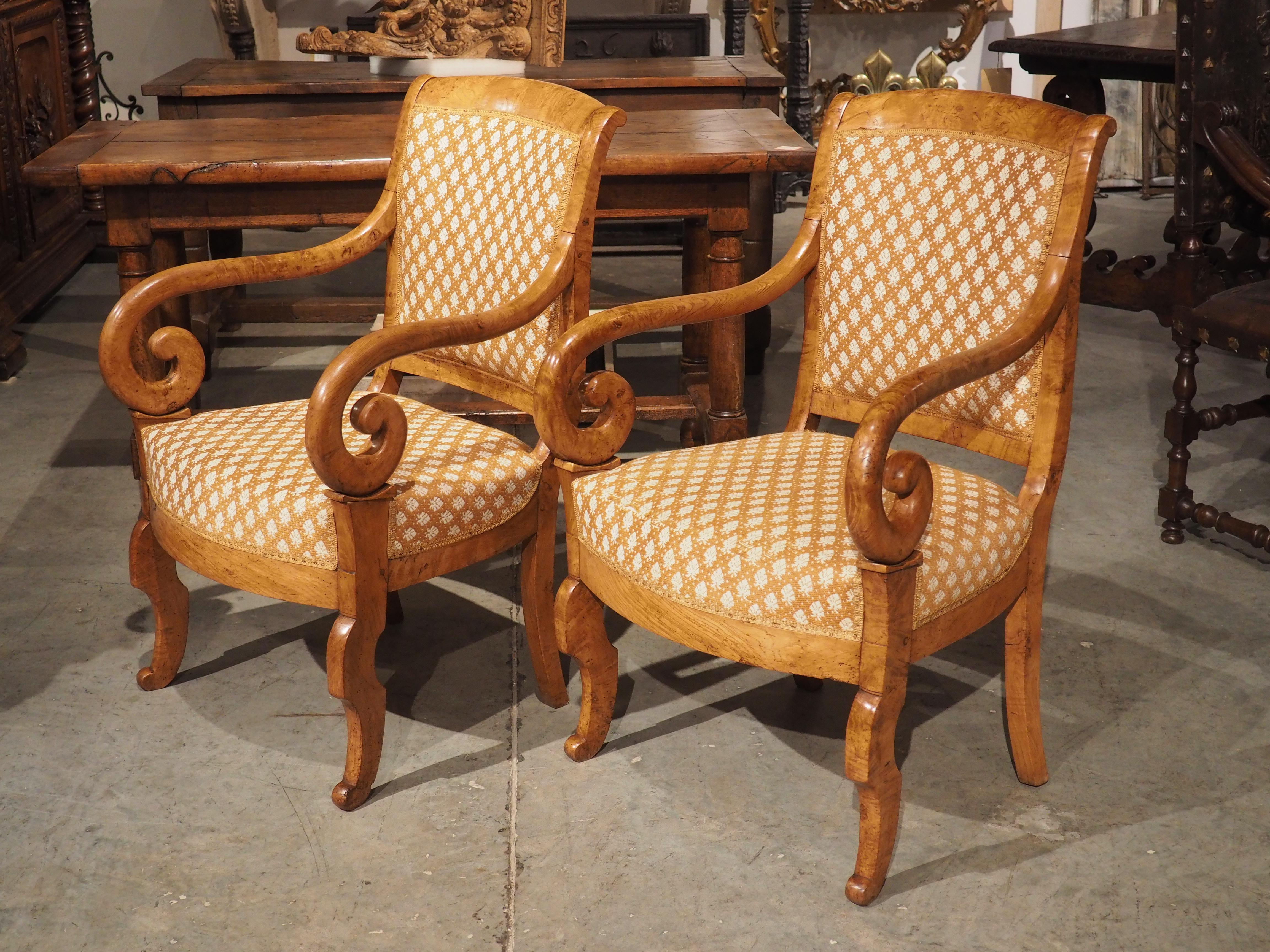 Mid-19th Century Pair of Antique French Elmwood Louis Philippe Armchairs, Circa 1840 For Sale
